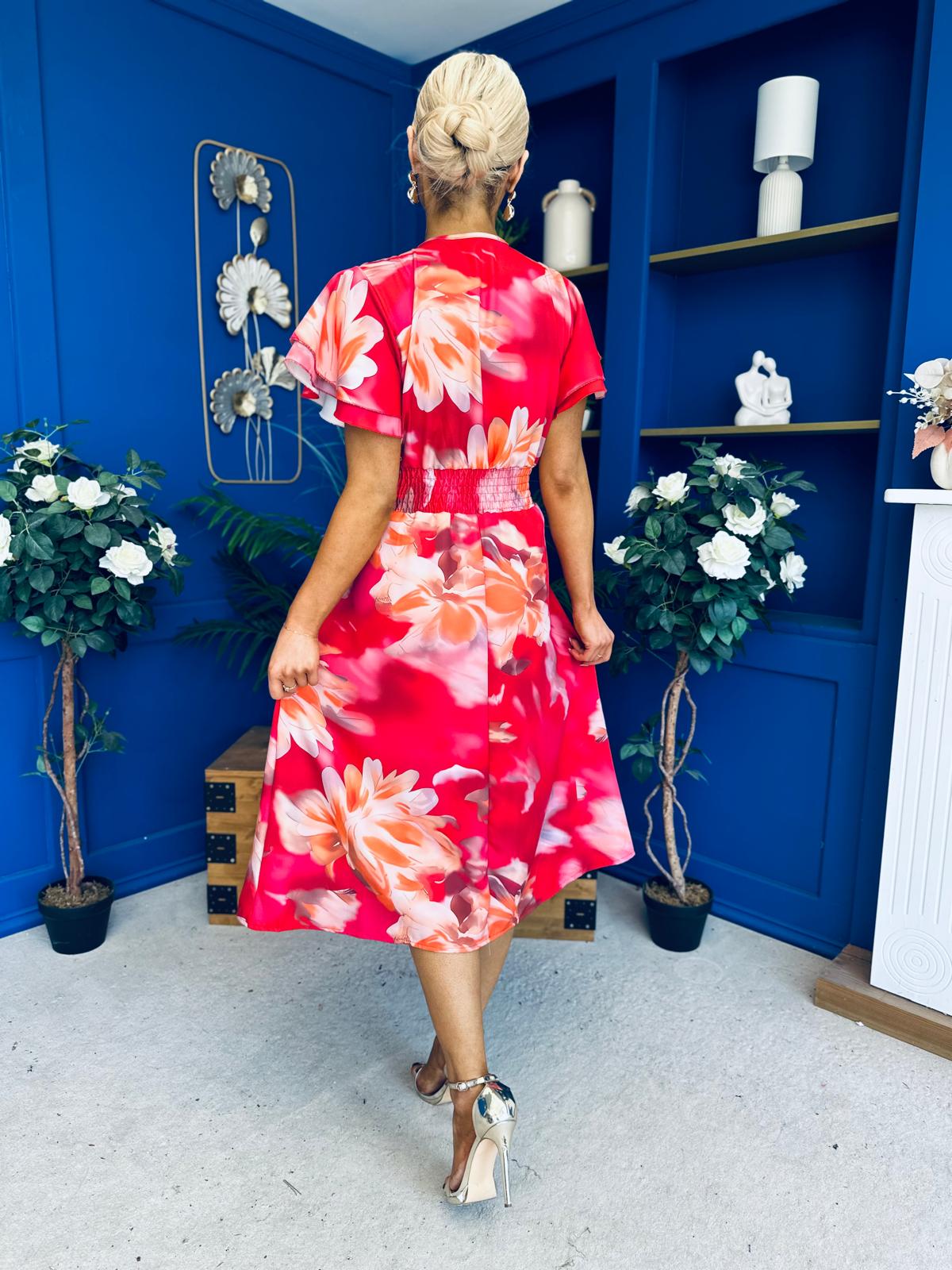 Blaire Frill Sleeve Midi Dress Floral Rouge