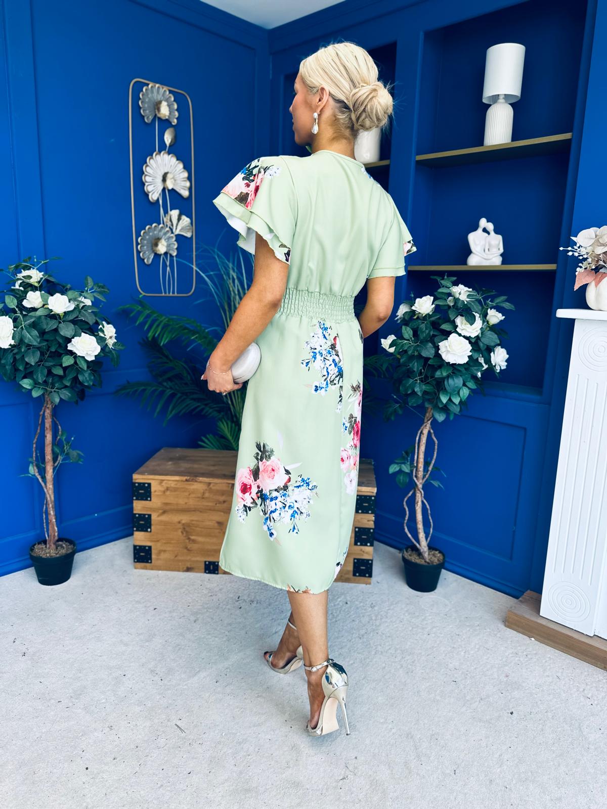 Blaire Frill Sleeve Midi Dress Floral Sage