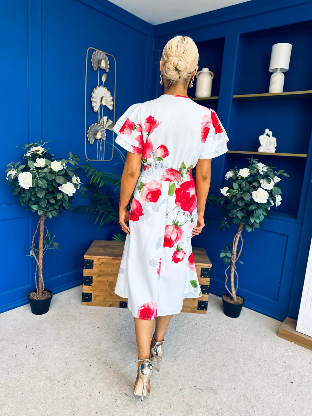 Blaire Frill Sleeve Midi Dress Floral Blue