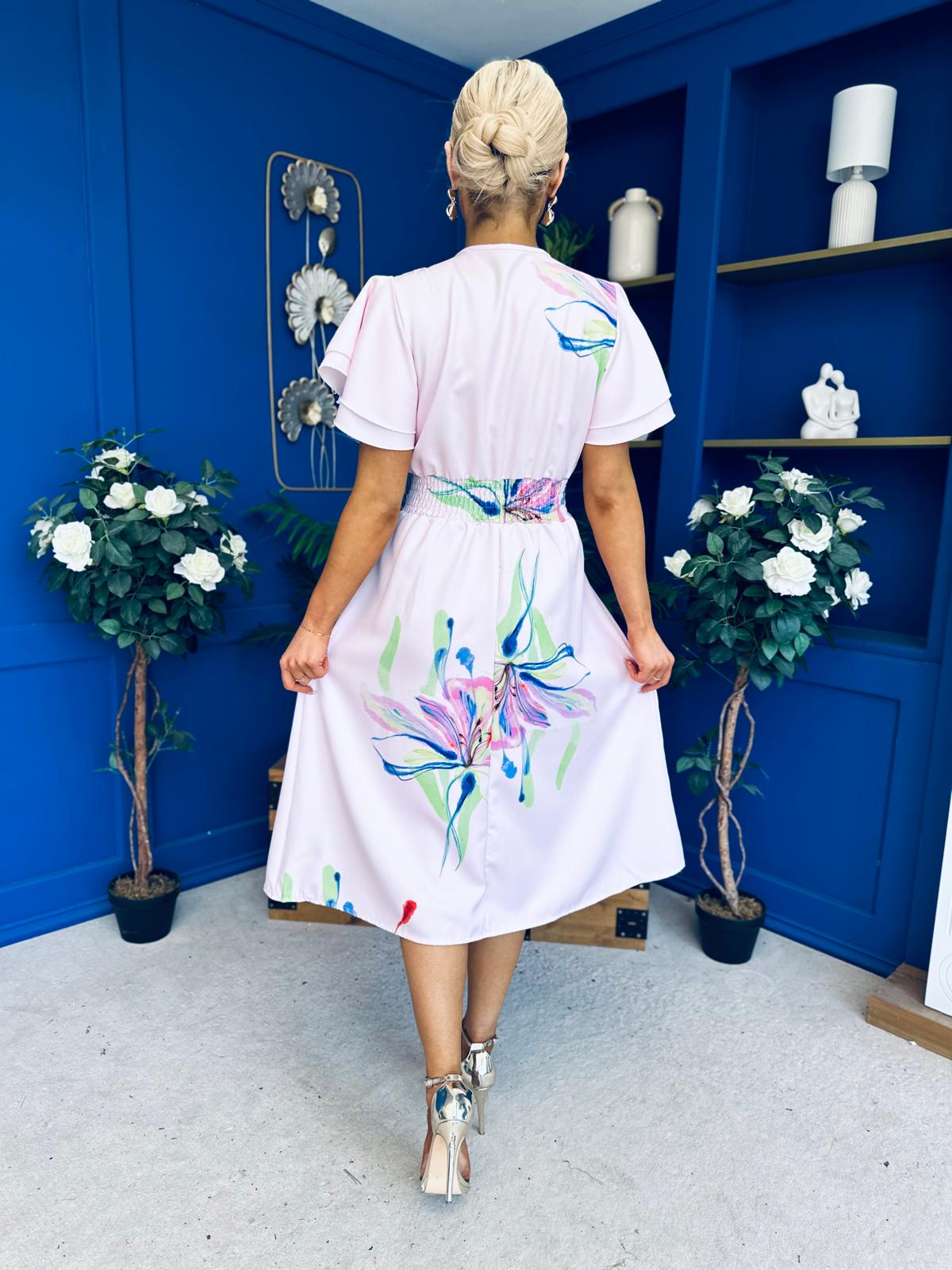 Blaire Frill Sleeve Midi Dress Floral Pink