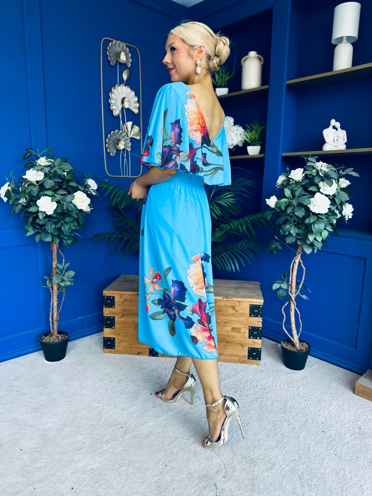 Julia Cape Detailed Midi Dress Floral Blue