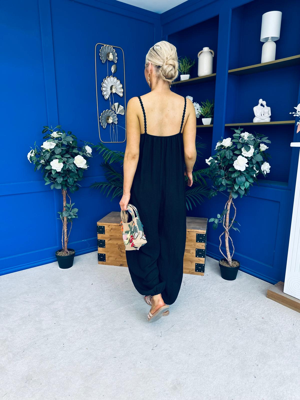 Alana Crochet Detail Strappy Jumpsuit Black