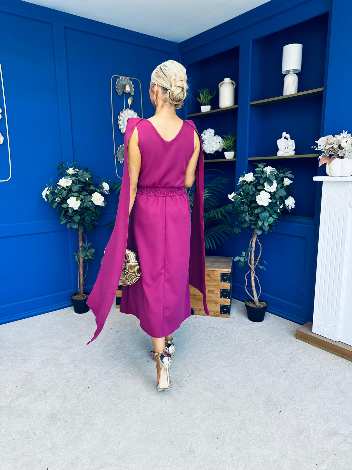 Imelda Cape Detail Occasion Midi Dress Berry