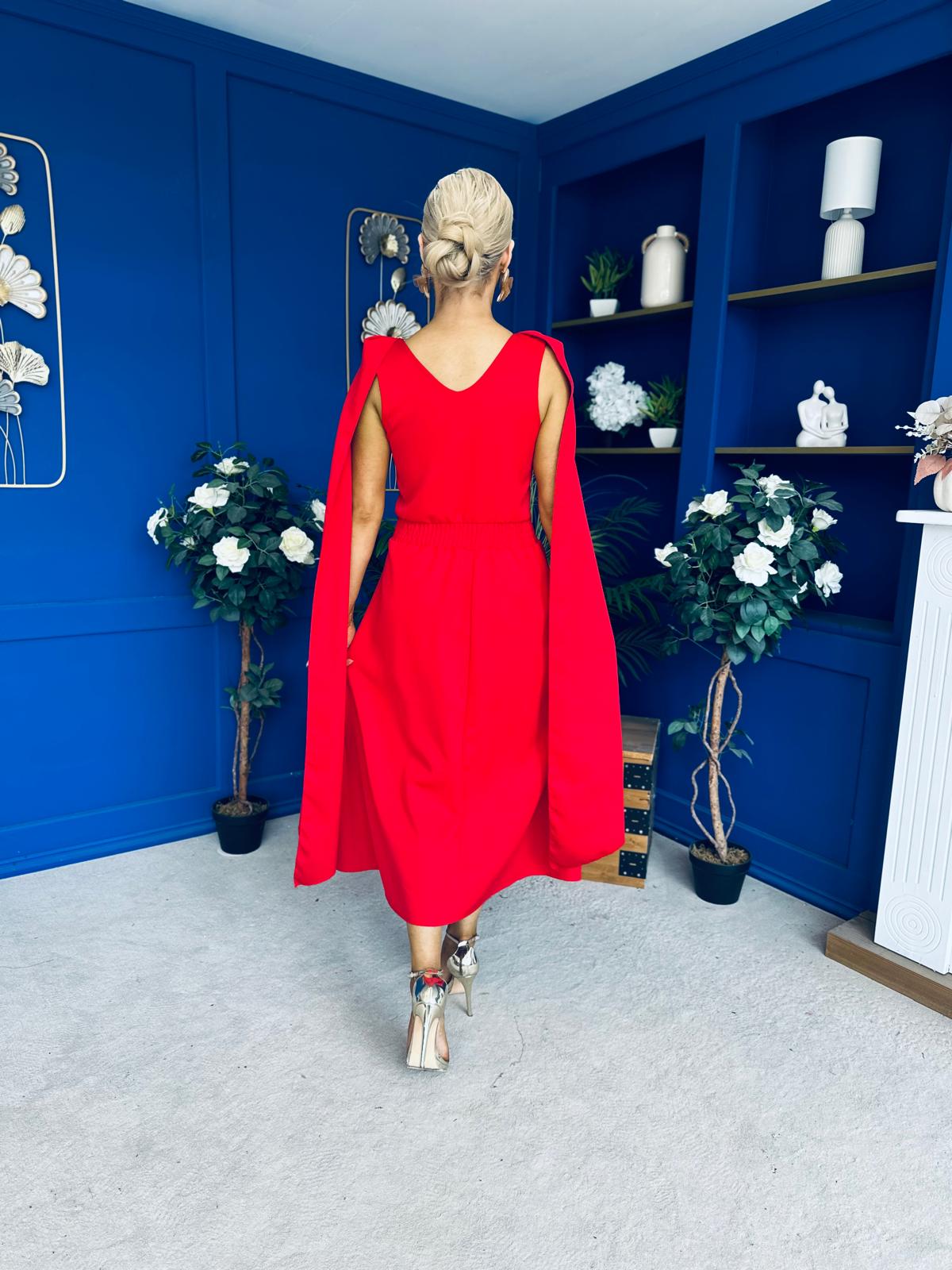 Imelda Cape Detail Occasion Midi Dress Red