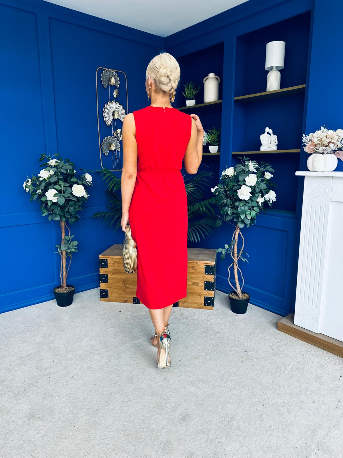 Louisa Gold Buckle Wrap detail Midi Dress Red