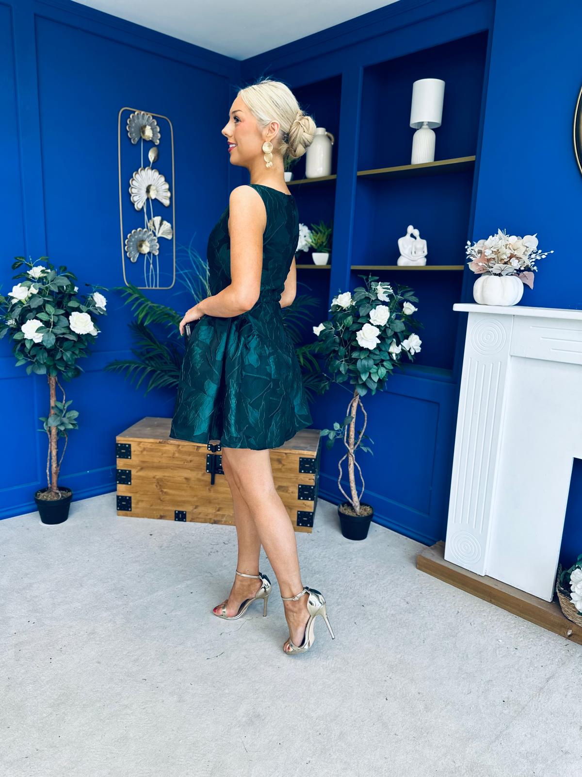 Suri Floral Jacquard Dropped Waist Mini Dress Green