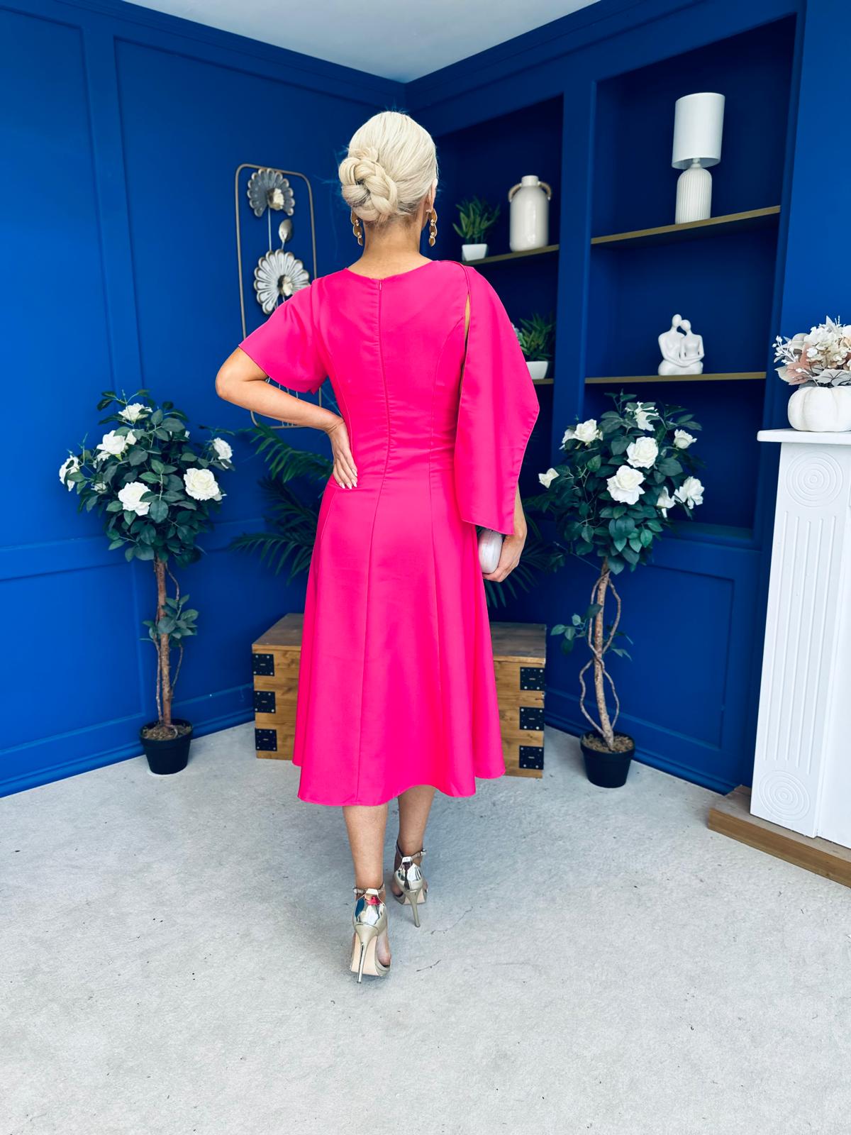 Lorraine Cape Detail Midi Dress Hot Pink