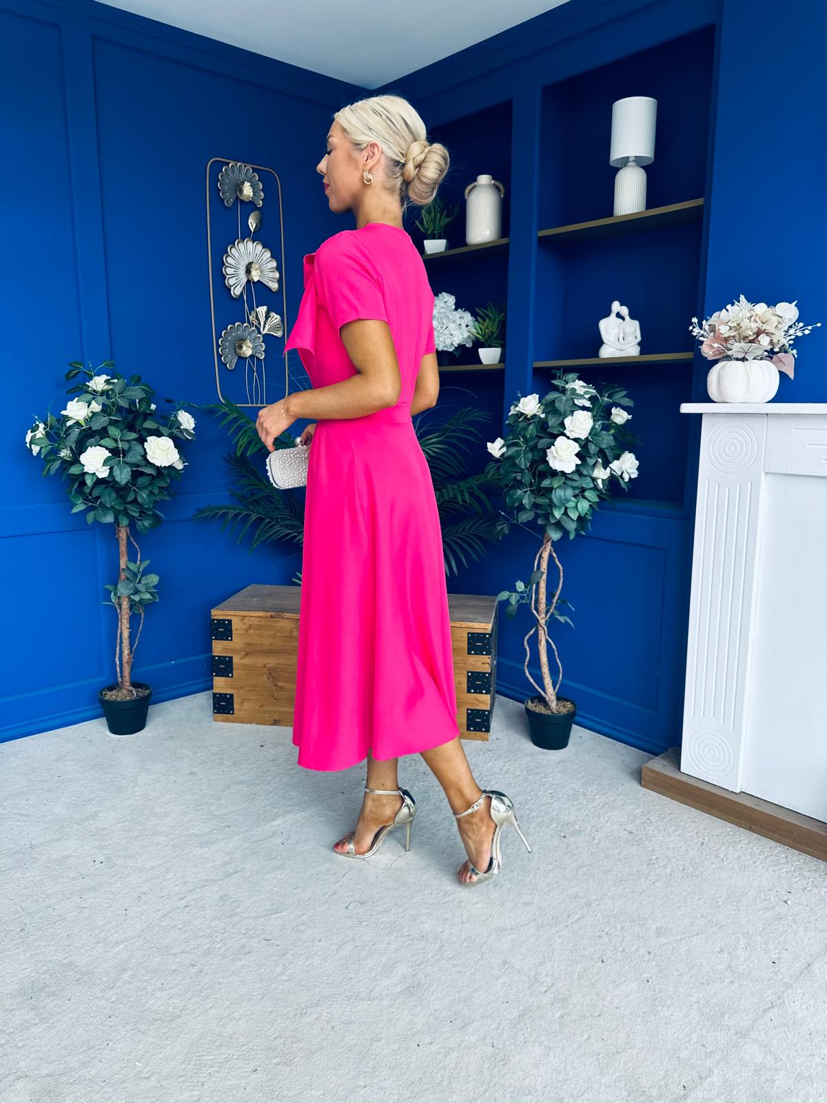 Meghan Bow Detail Midi Dress Hot Pink