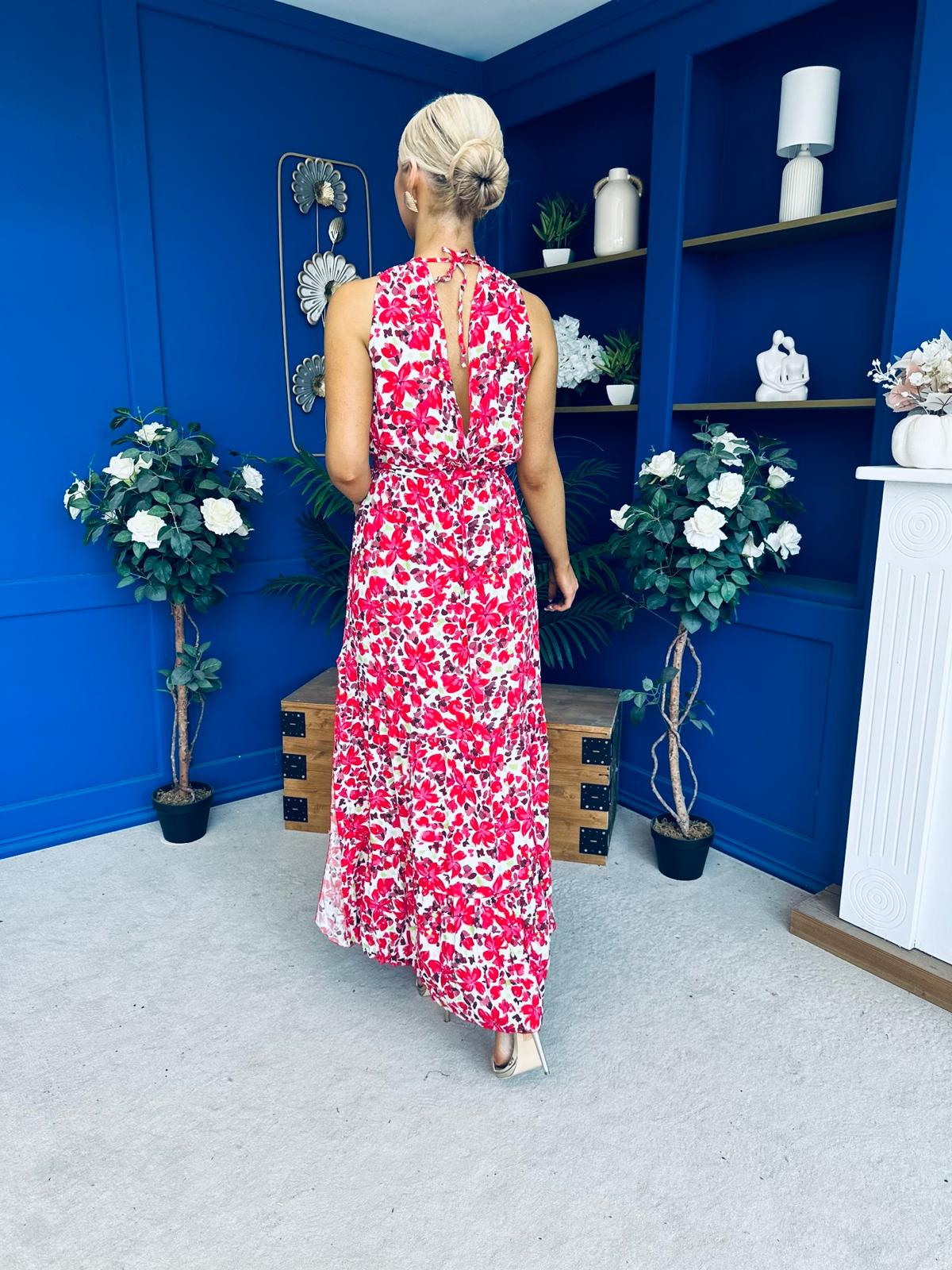 Melani Detailed Midi Dress Floral Red