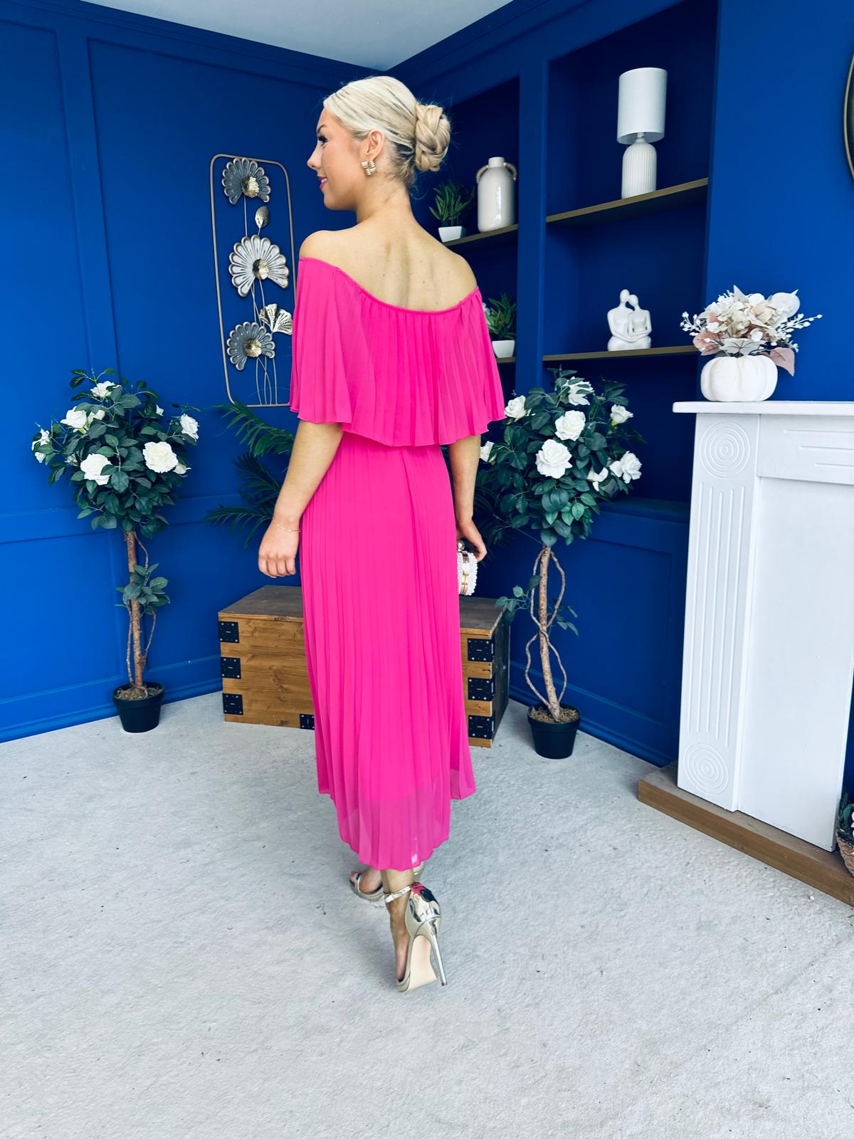 Aileen Pleated Bardot Midi Dress Hot Pink