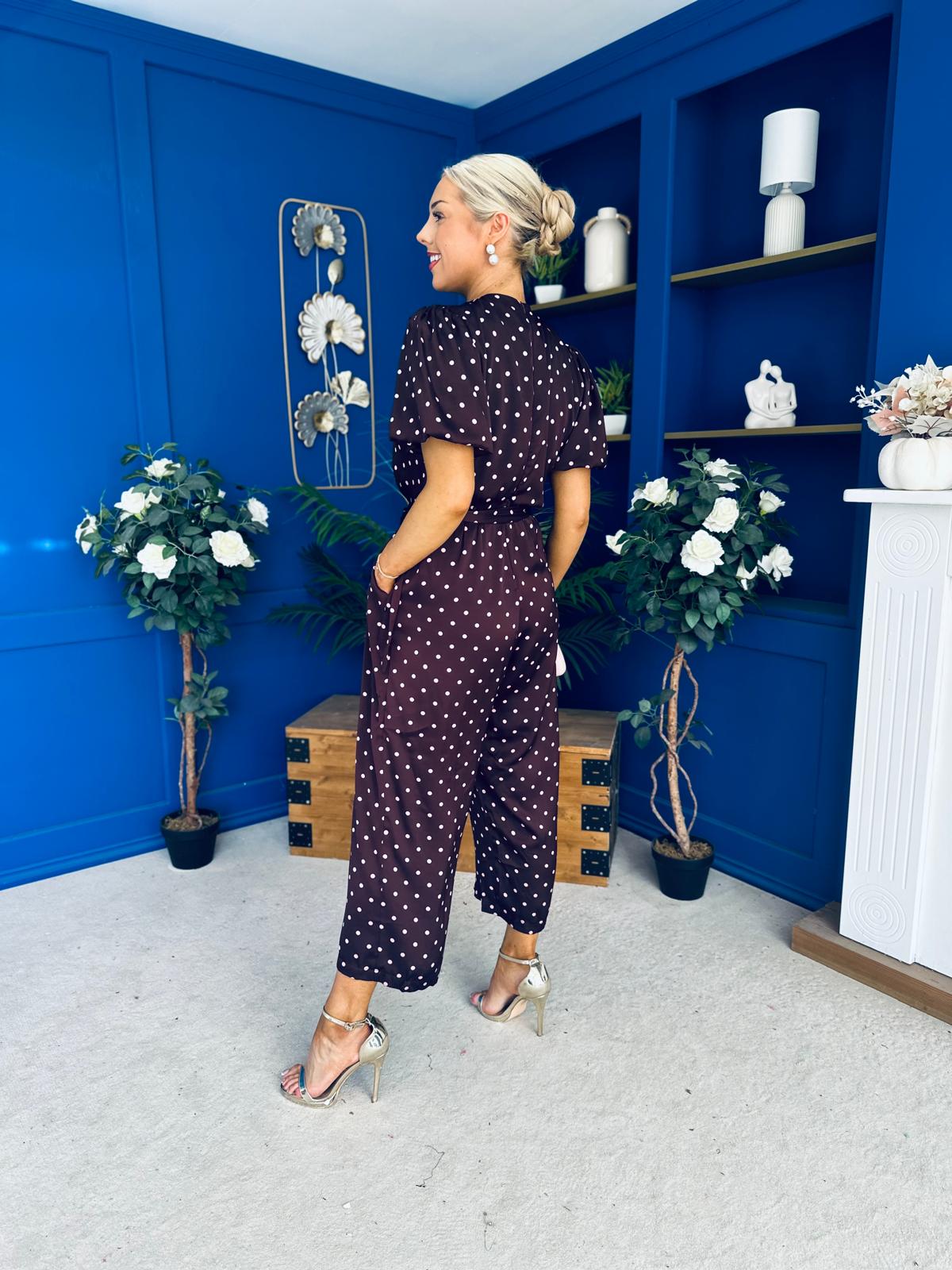 Lyla Belted Culotte Jumpsuit Pink Polka Burgundy