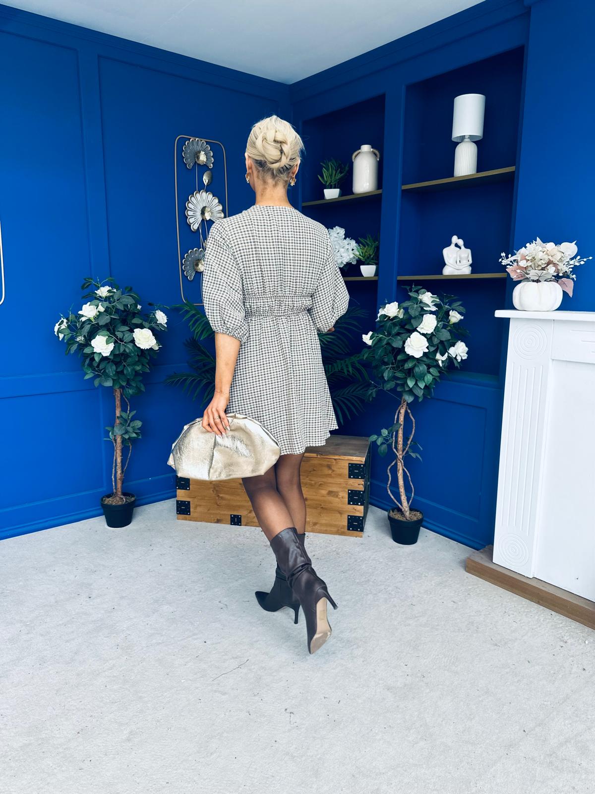Parisa Puff Sleeve Mini Dress Check Khaki