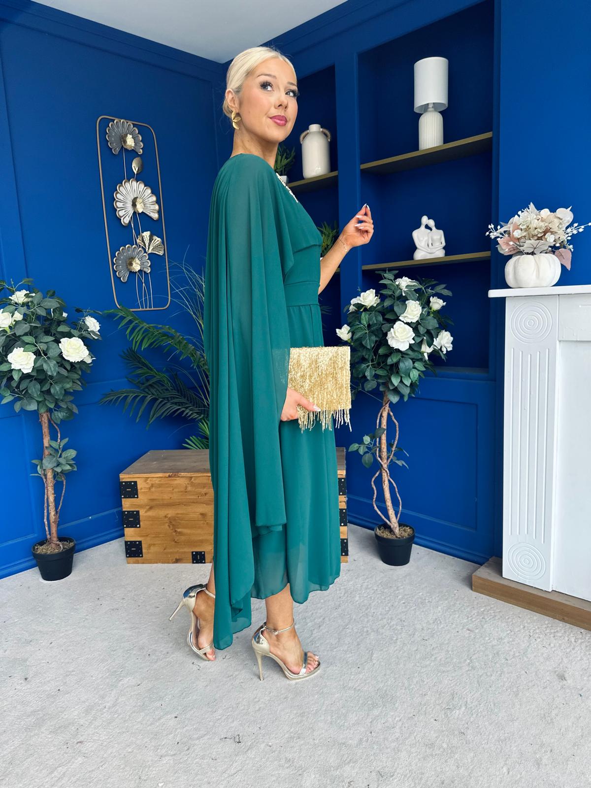 Caoimhe Cape Detail Midi Dress Forest