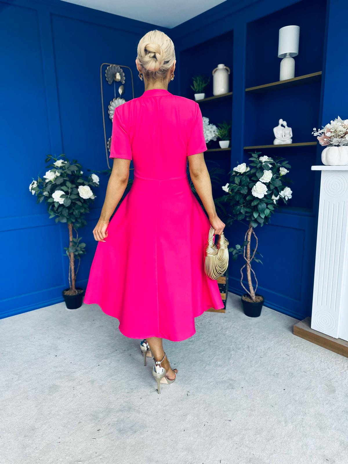 Simone Short Sleeve Midi Dress Hot Pink