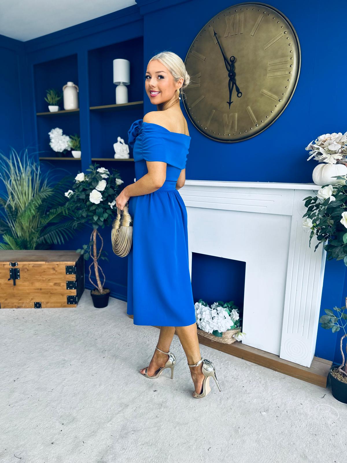 Helen Detailed Bardot Midi Dress Blue
