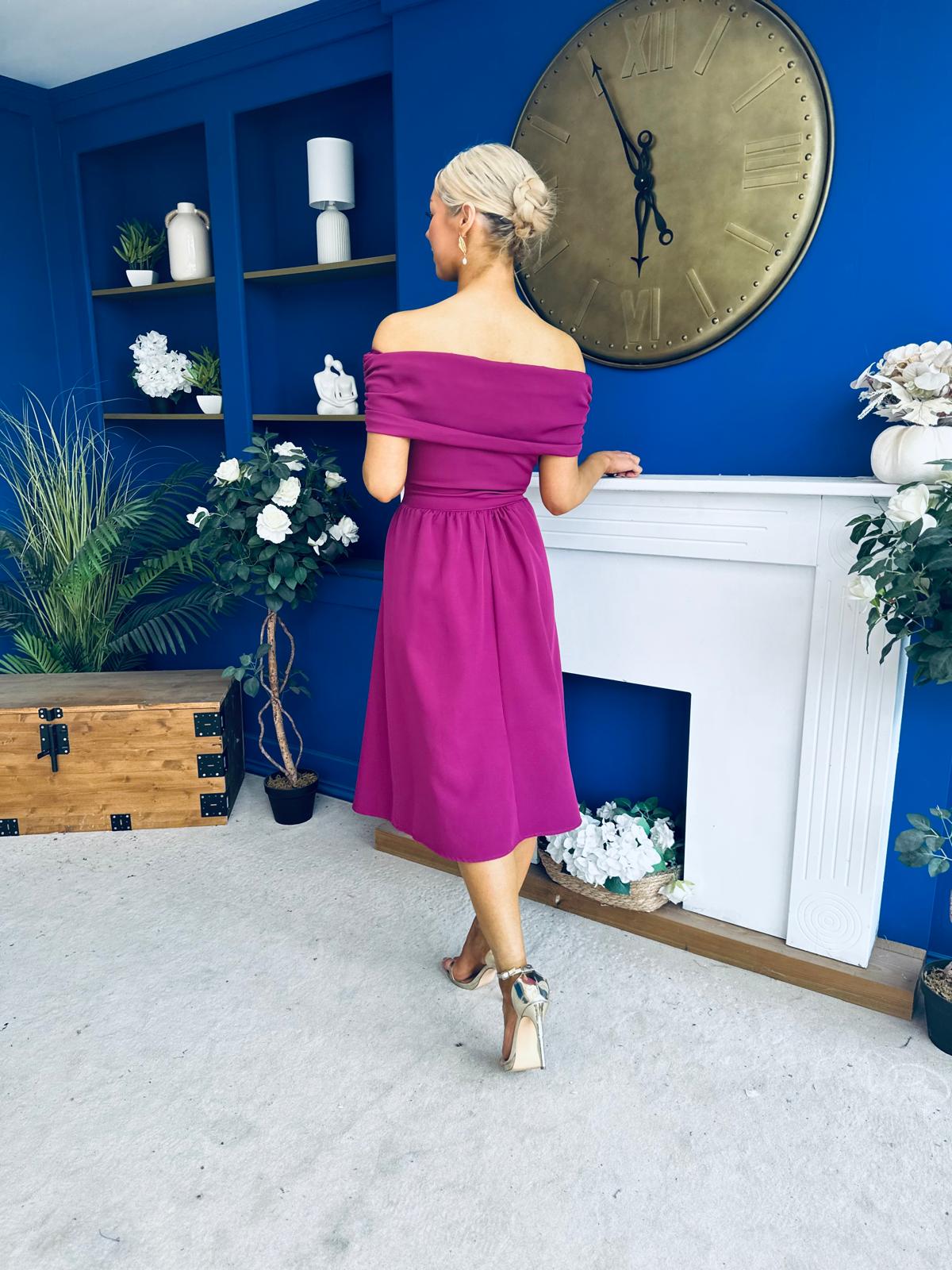 Helen Detailed Bardot Midi Dress Berry
