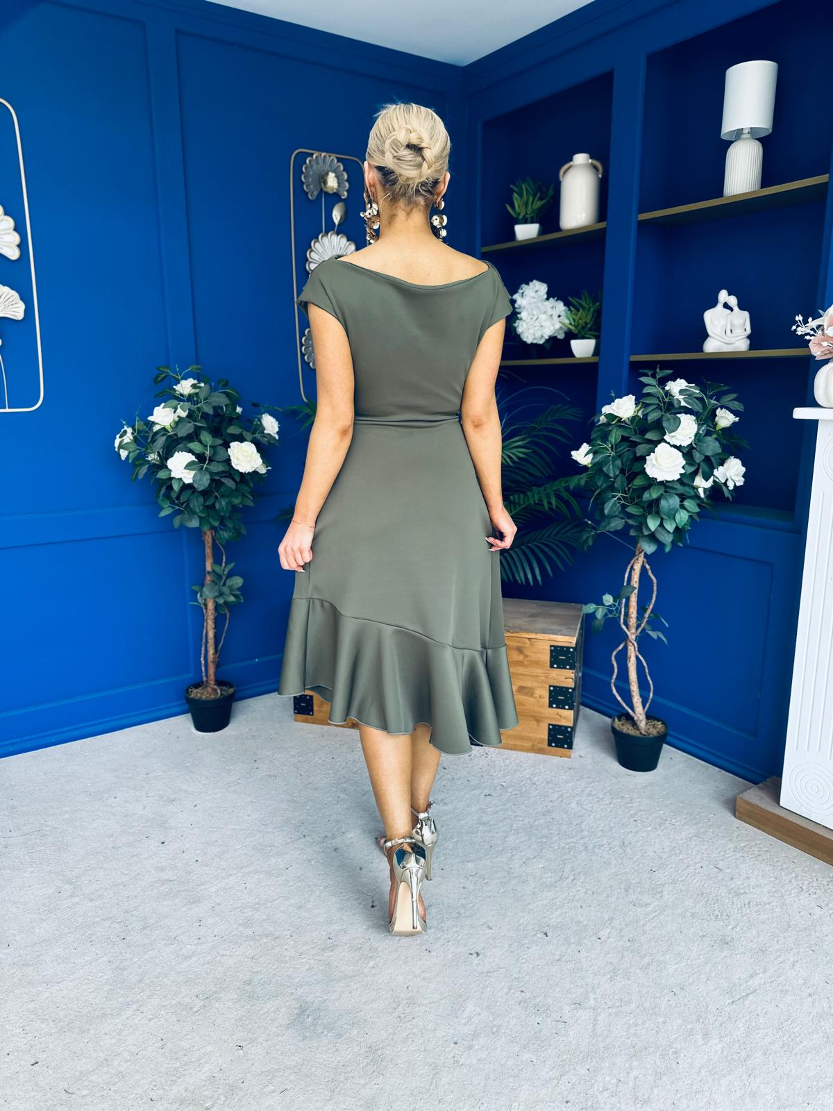 Felicity Asymmetric Frill Hem Midi Dress Khaki
