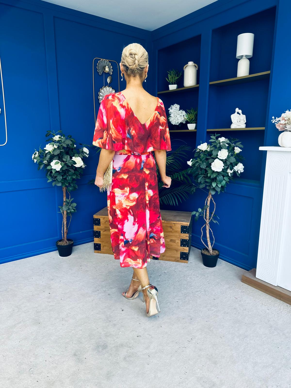 Orlaith Detailed Chiffon Midi Dress Floral Rose