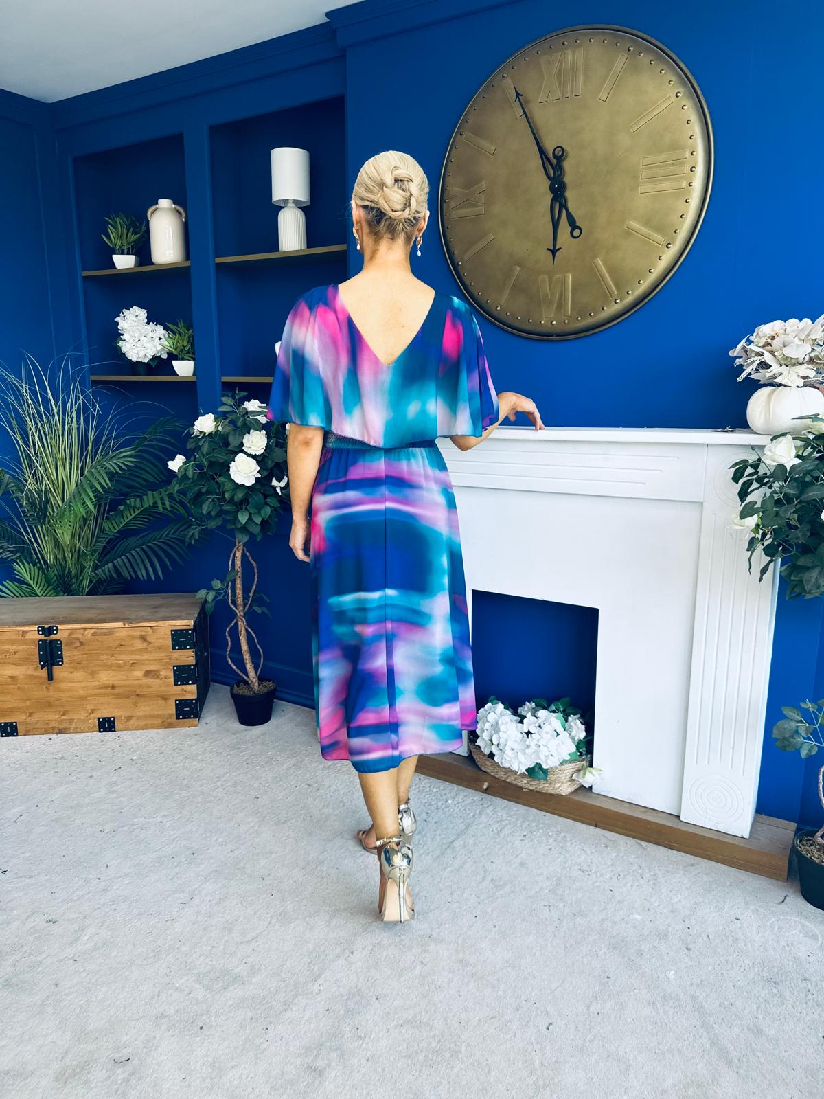 Orlaith Detailed Chiffon Midi Dress Marble Blue