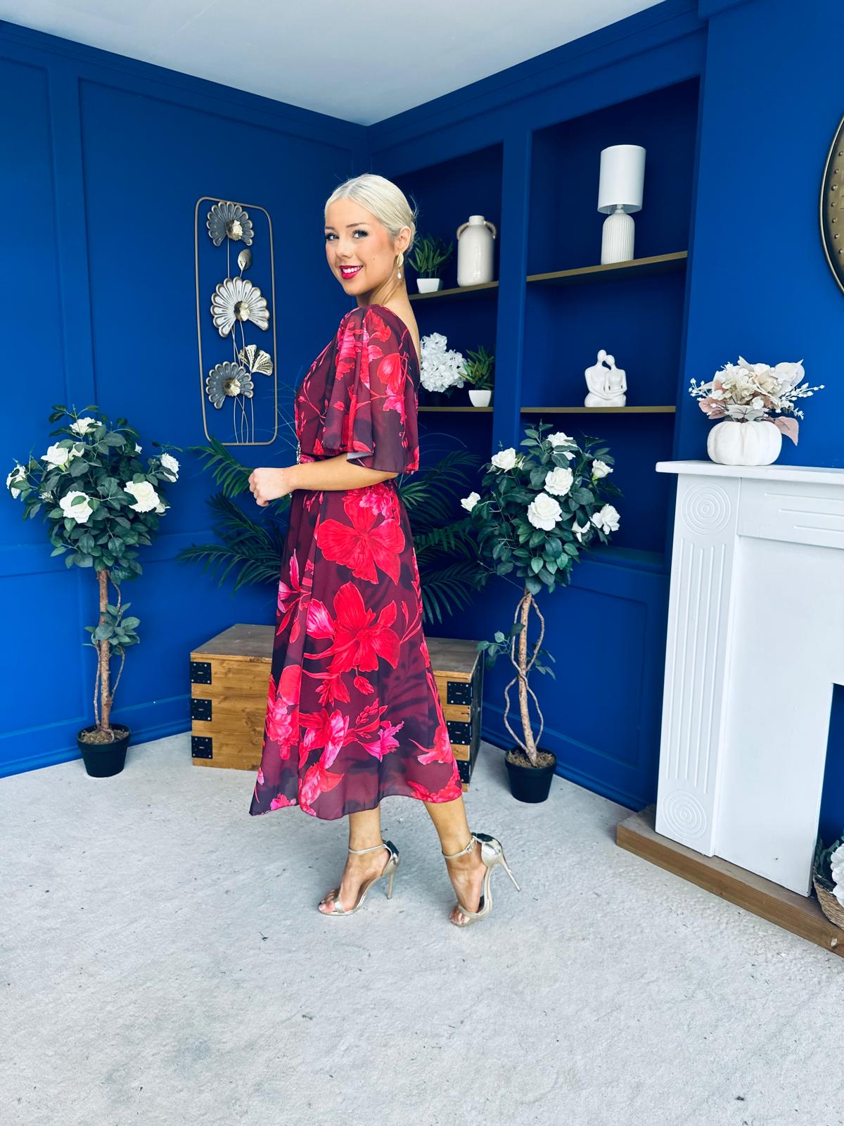 Orlaith Detailed Chiffon Midi Dress Floral Ruby