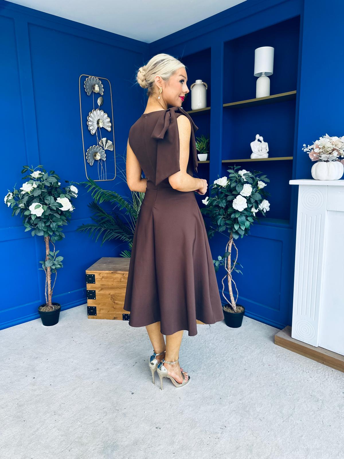 Caitlin Bow Detail Midi Dress Chocolate