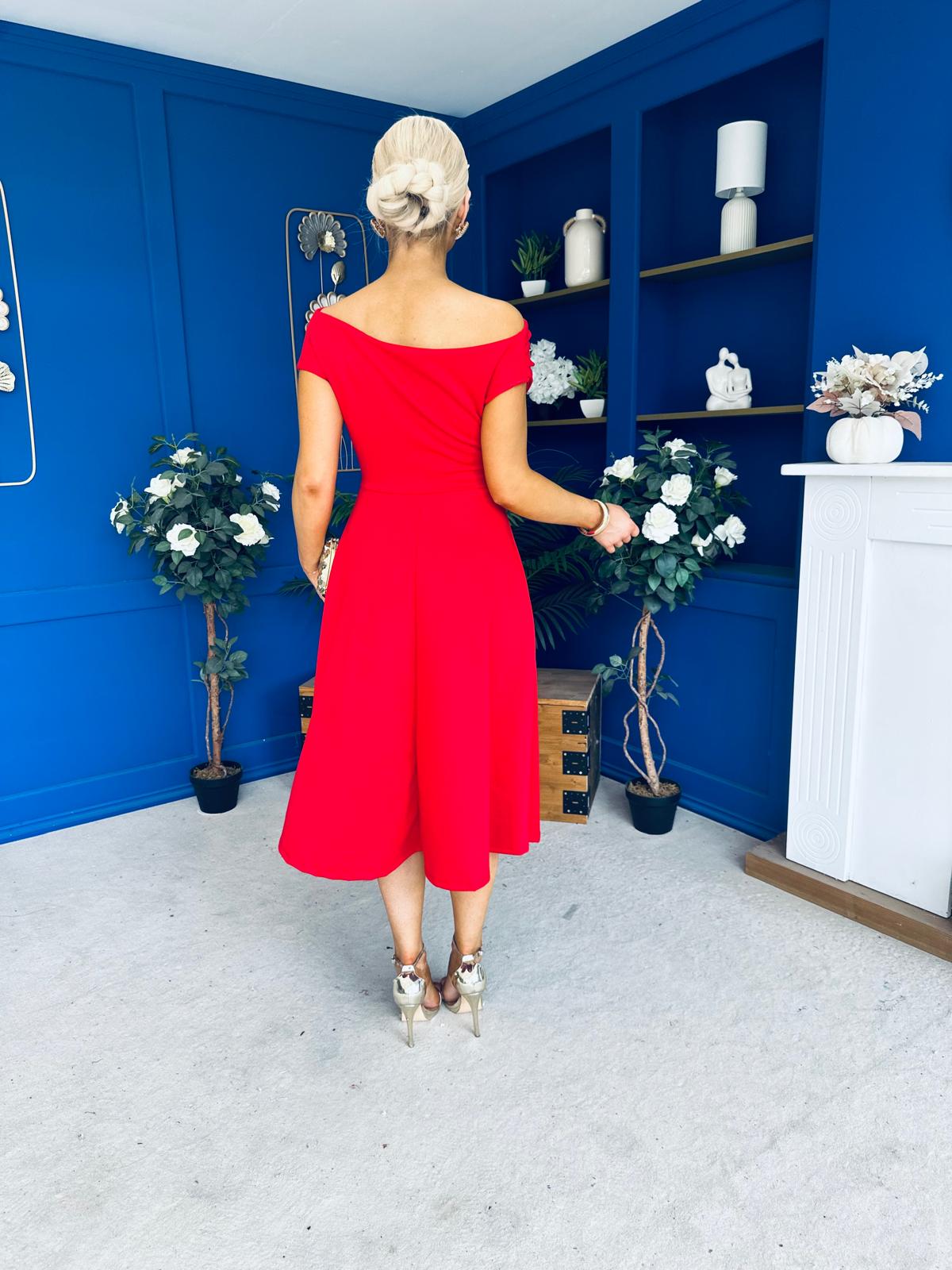 Reagan Gold Broach Detail Midi Dress Red