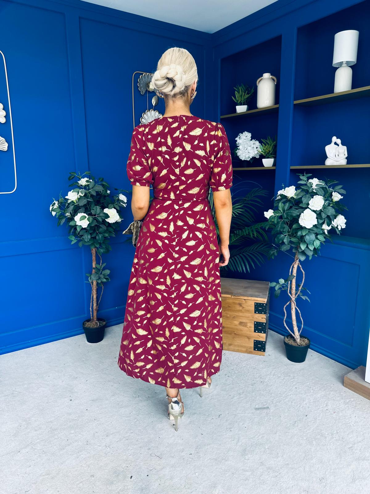 Kendra Gold Leaf Detail Midi Dress Wine