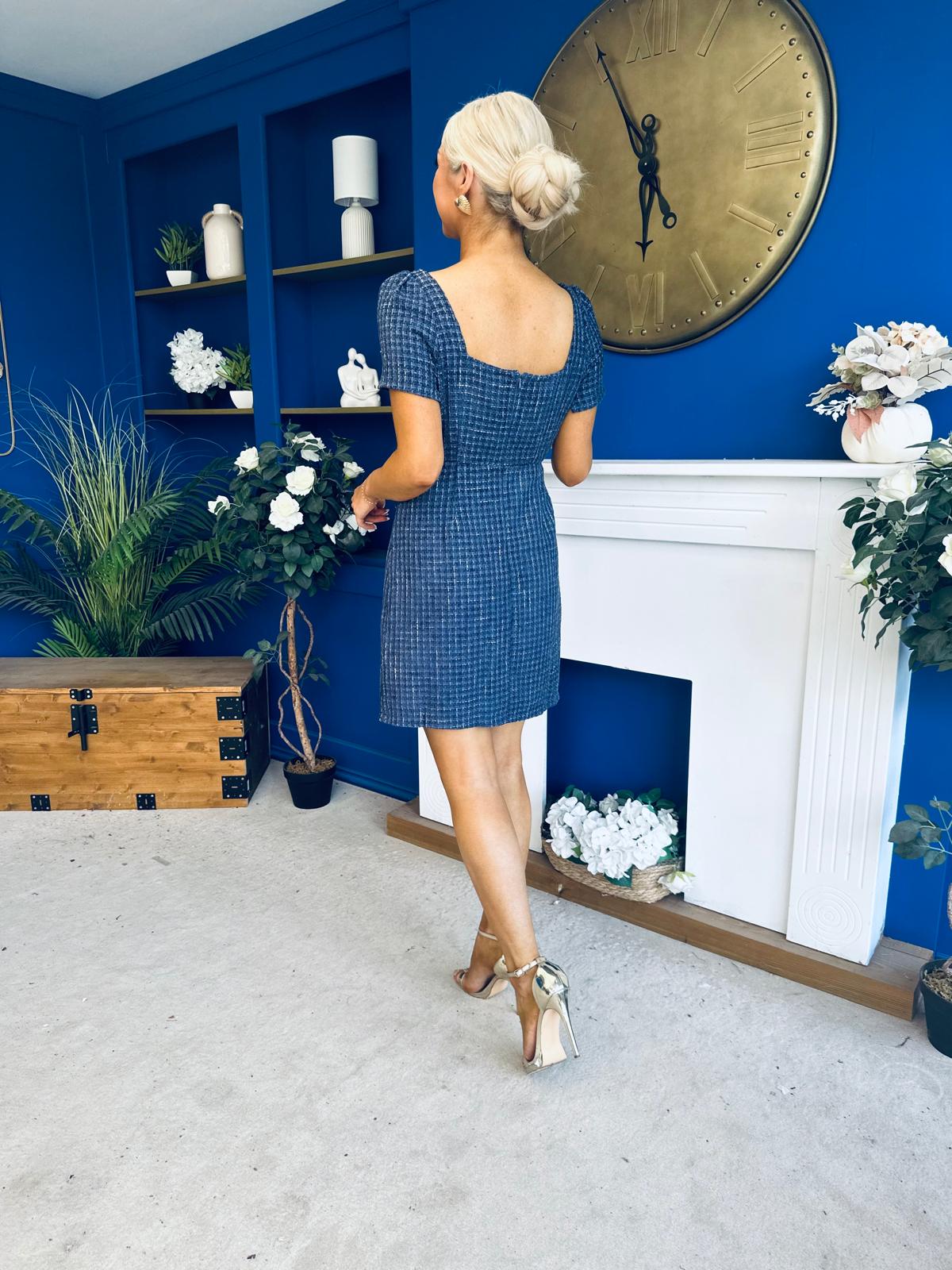 Helena Tweed Pearl Button Mini Dress Blue