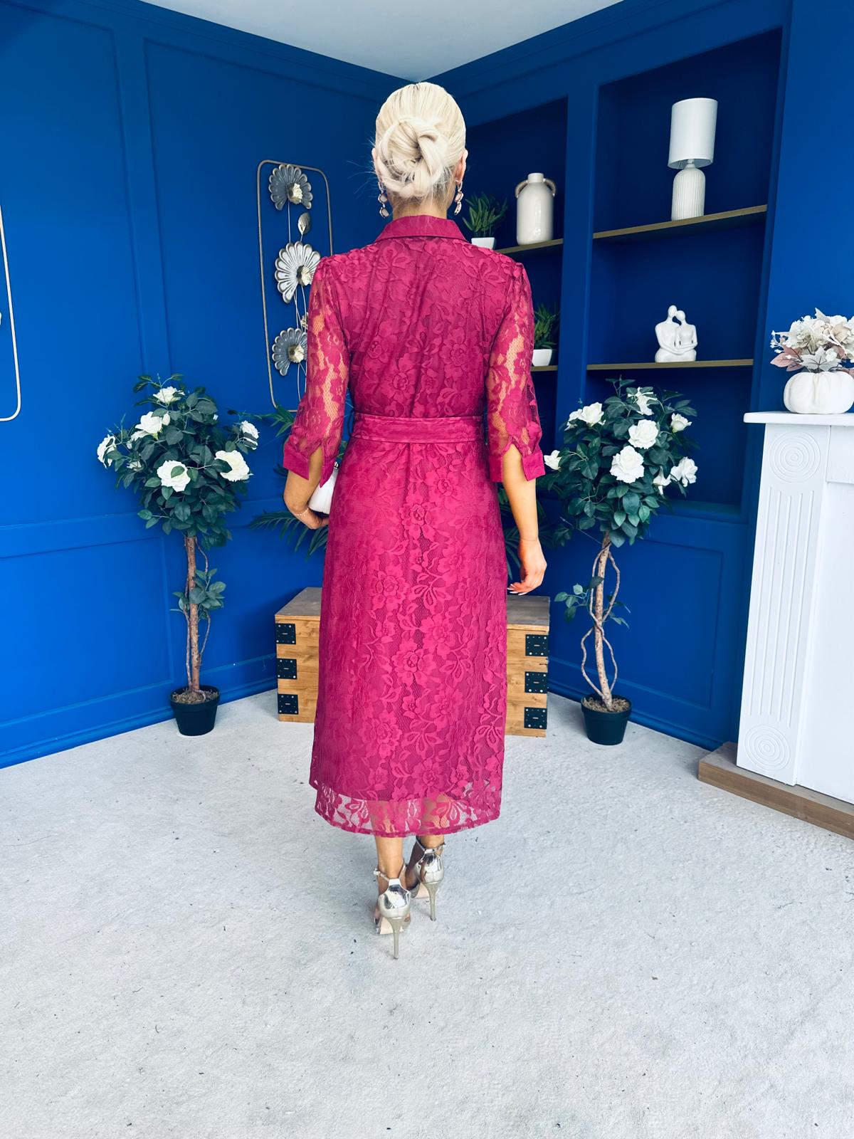 Tansy 3/4 Sleeve Lace Shirt Dress Wine