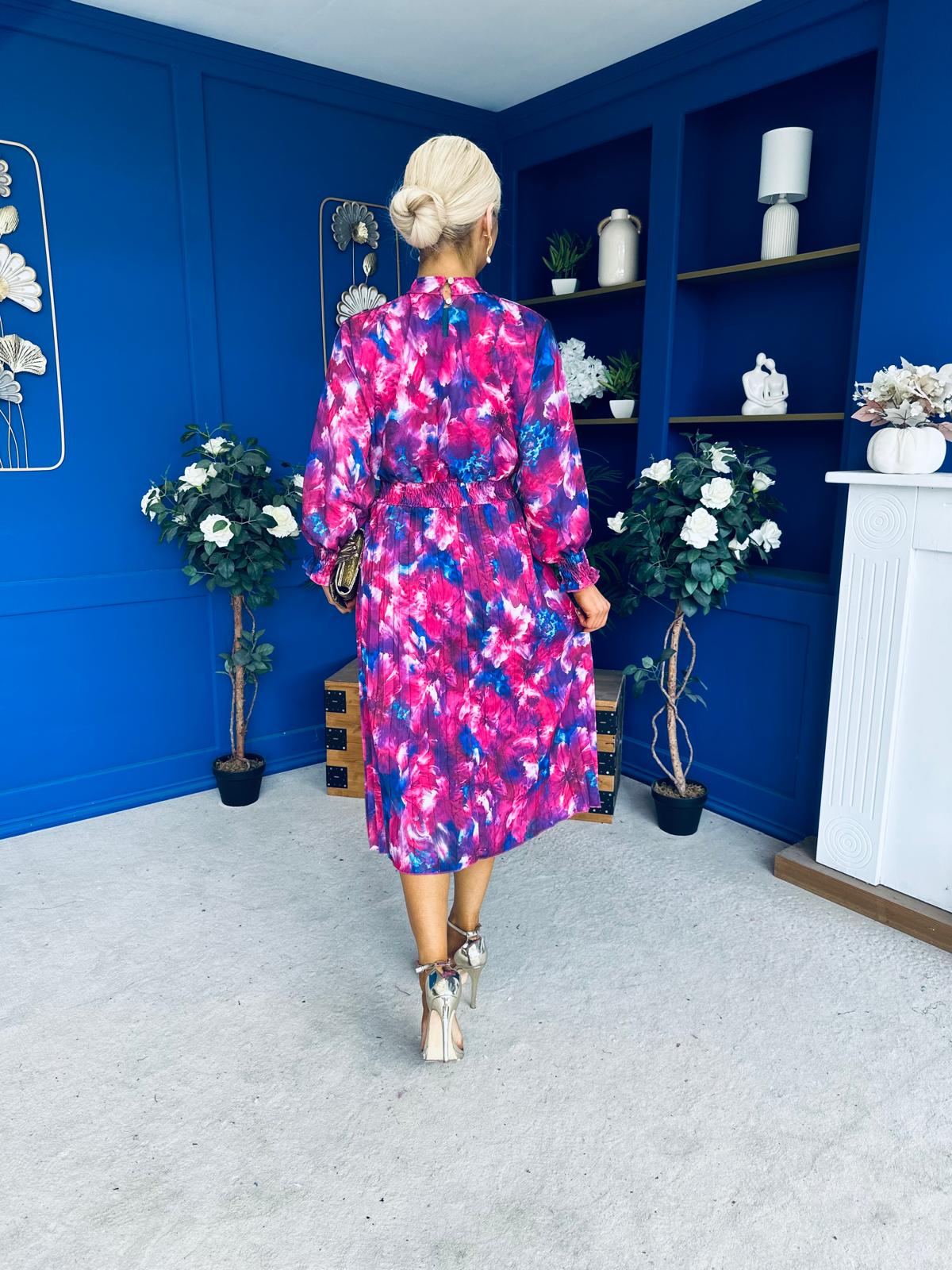 Maeve Pleated Midi Dress Floral Fuchsia