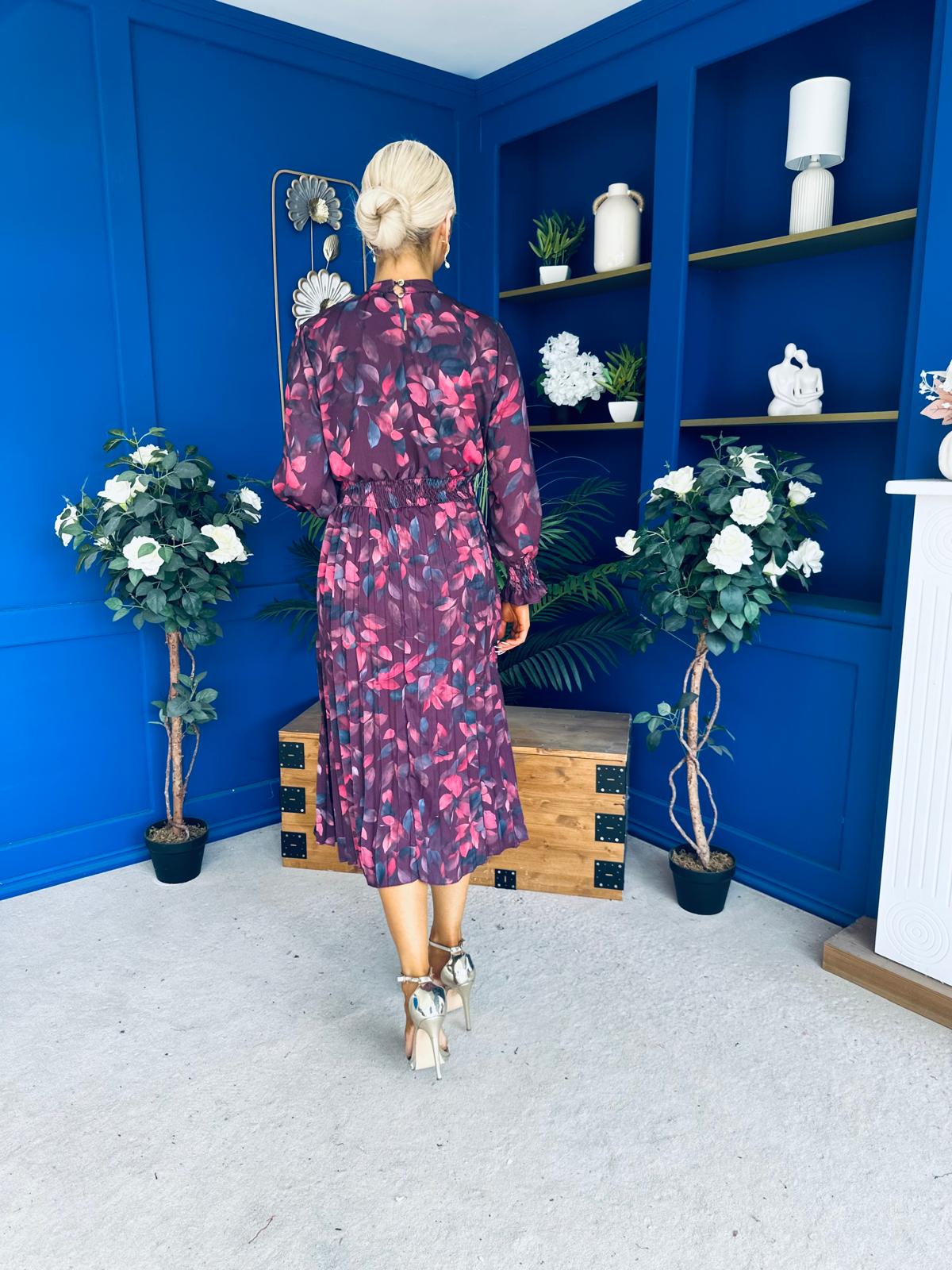 Maeve Pleated Midi Dress Floral Burgundy