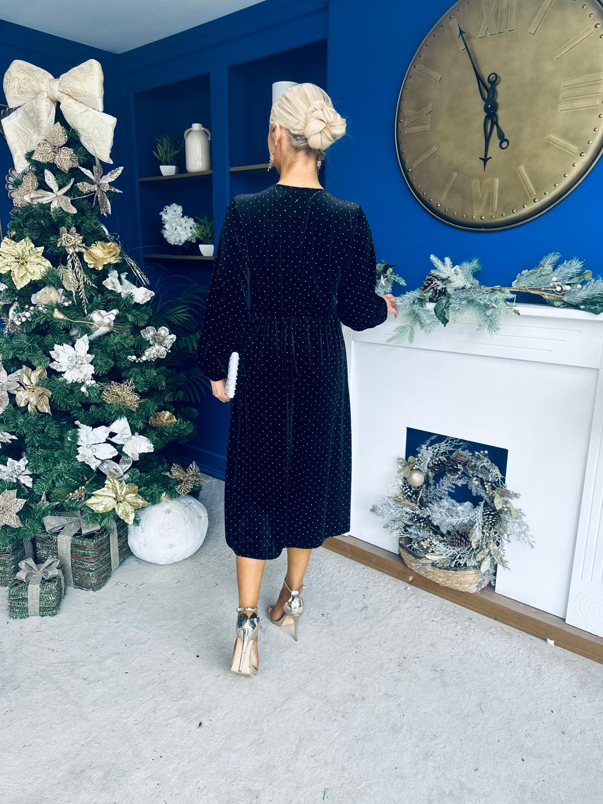 Muireann Bow Detail Studded Velvet Midi Dress Black