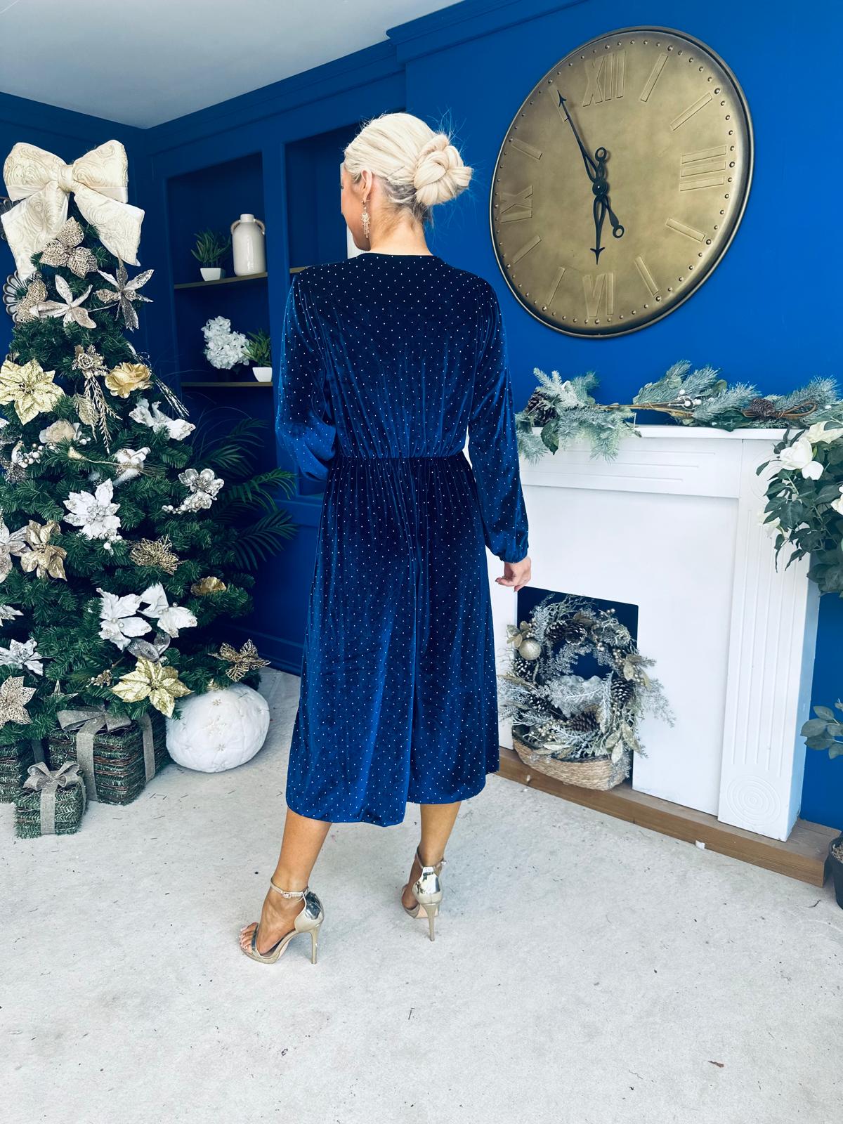 Muireann Bow Detail Studded Velvet Midi Dress Navy
