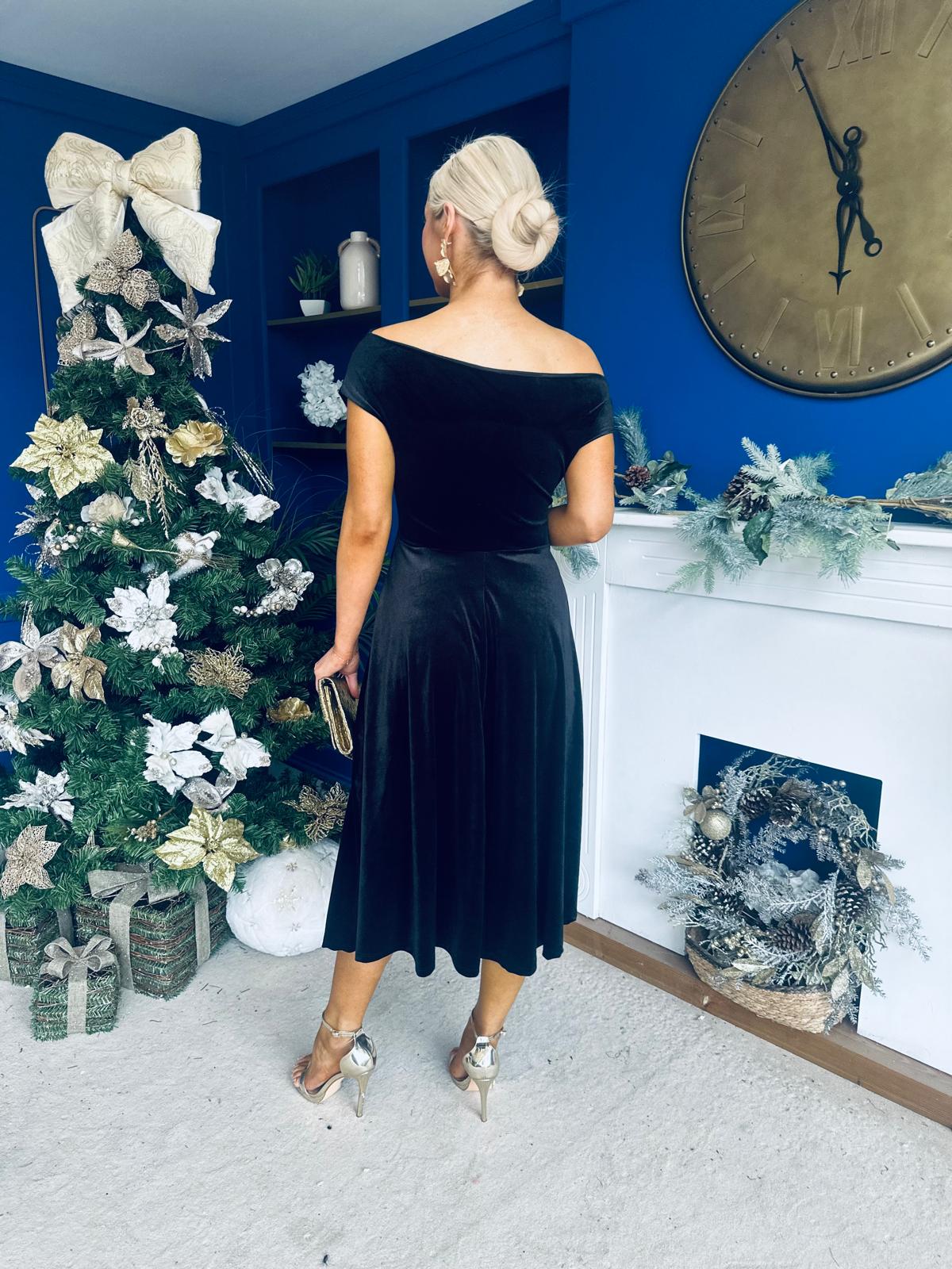 Imogen Gold Broach Velvet Midi Dress Black