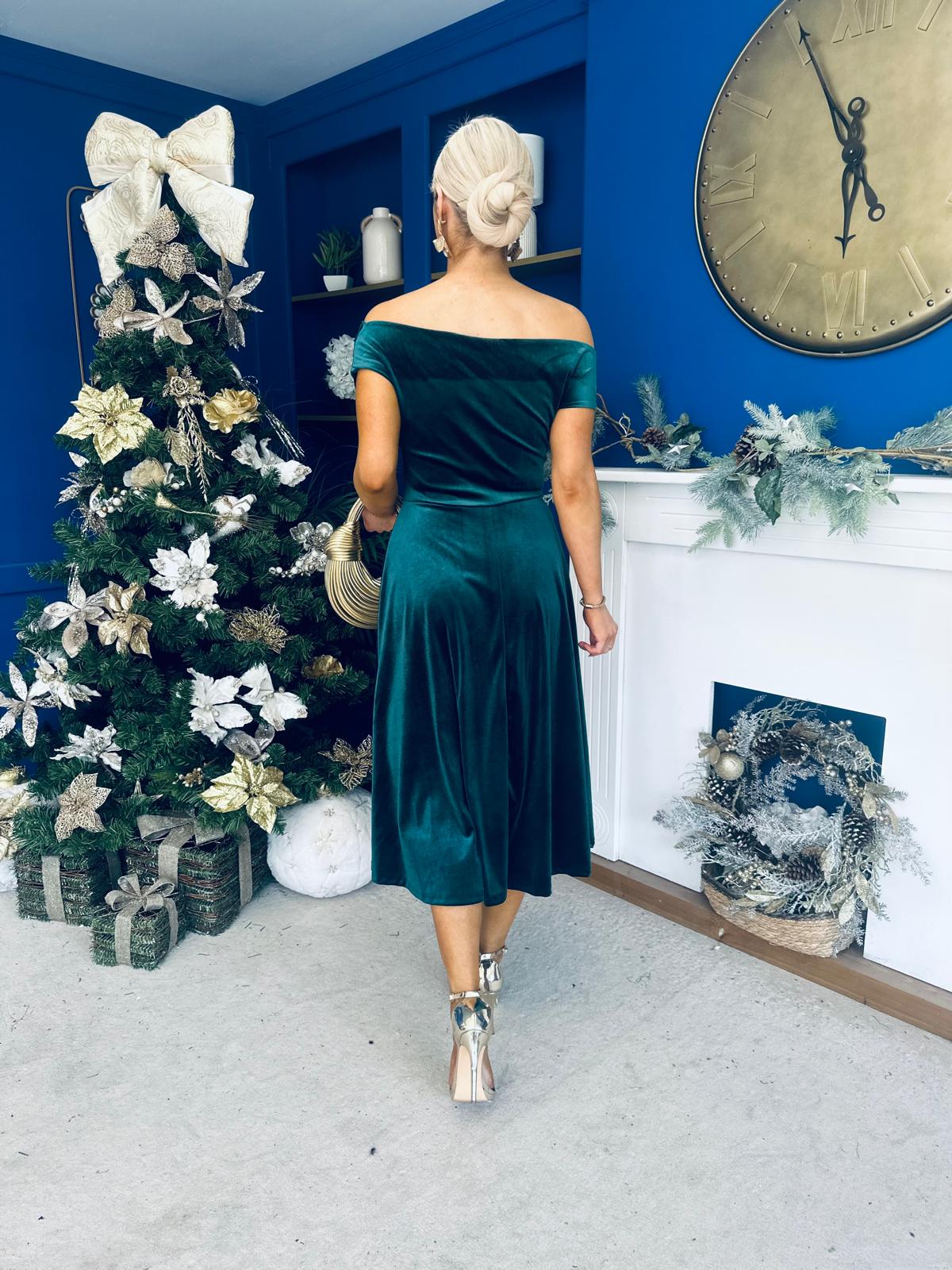 Imogen Gold Brooch Velvet Midi Dress Forest