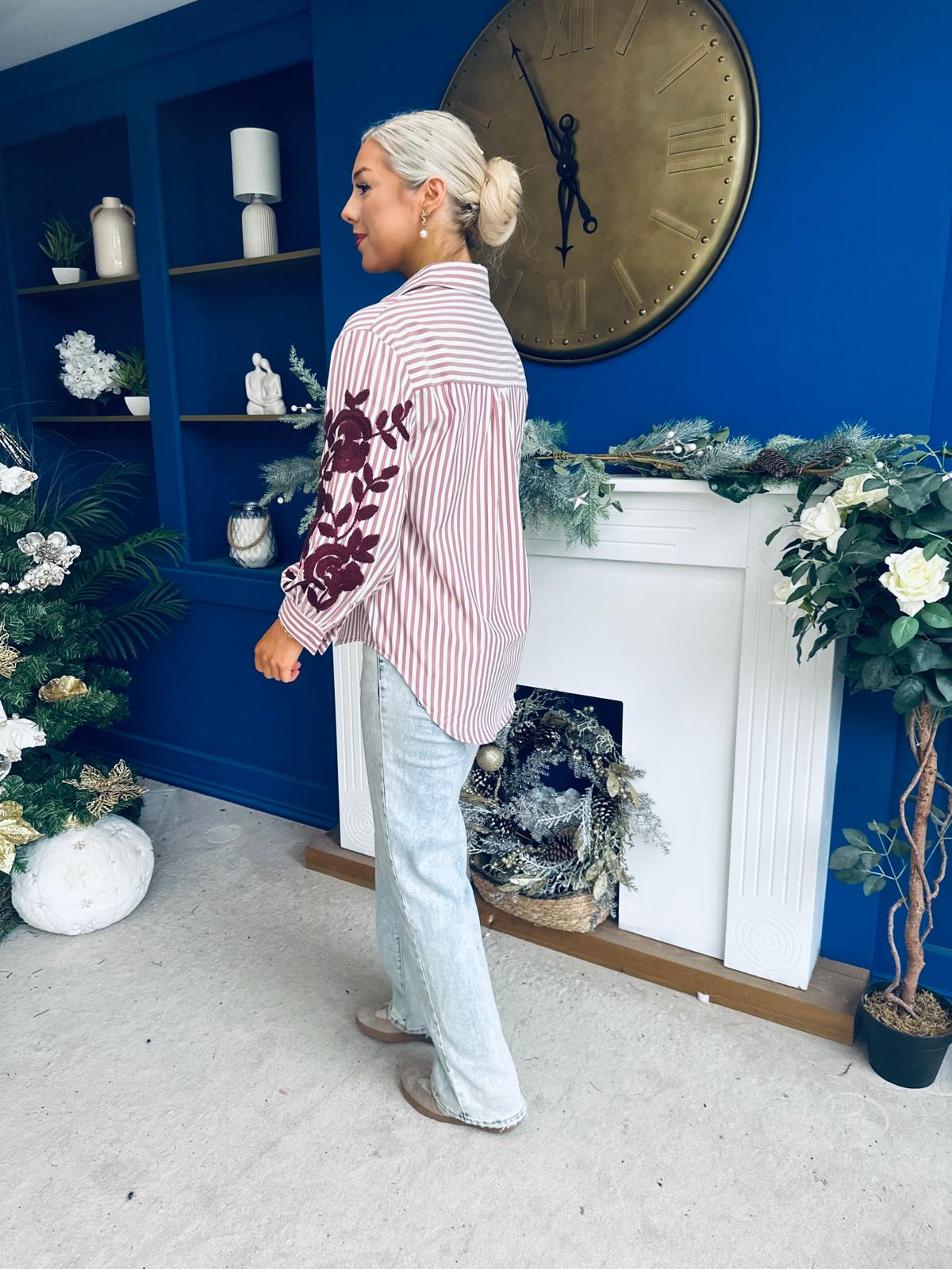 Mabel Embroidered Pinstripe Shirt Burgundy