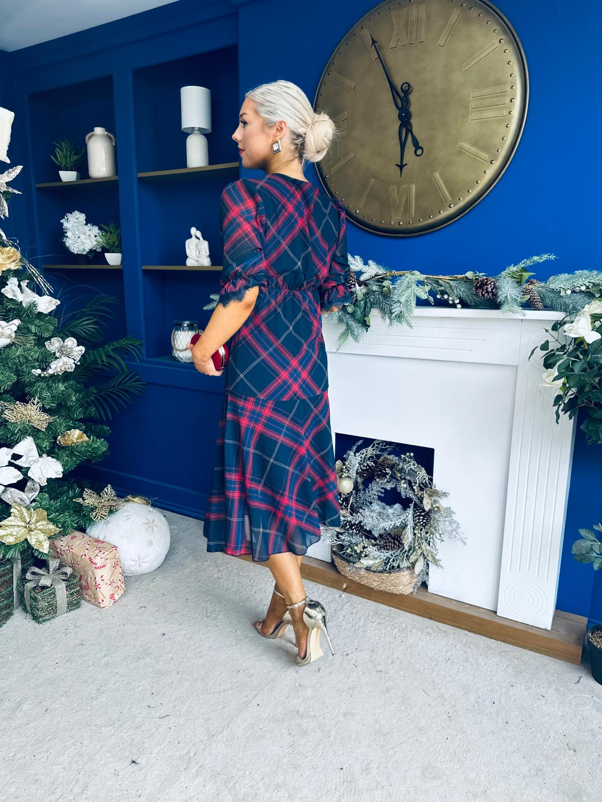 Abigail Lace Trim Midi Dress Check Navy