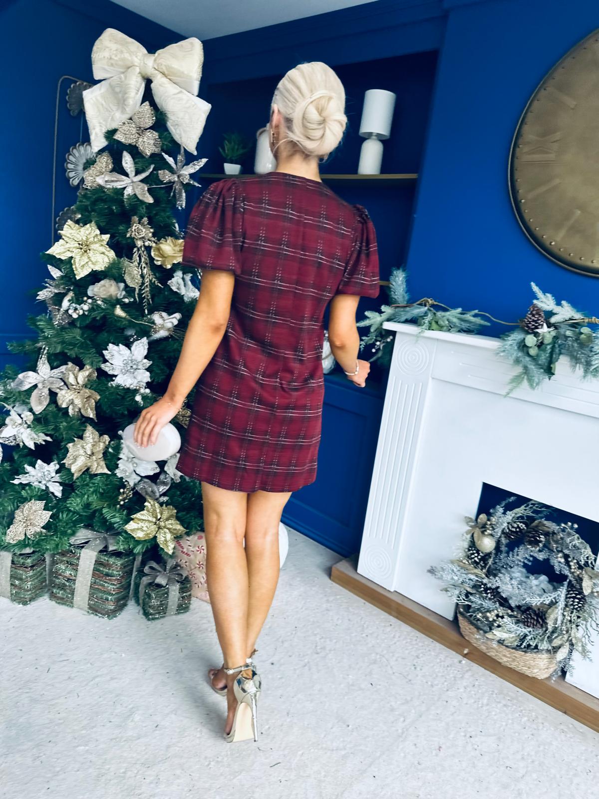 Leonora Check Puff Sleeve Mini Dress Wine