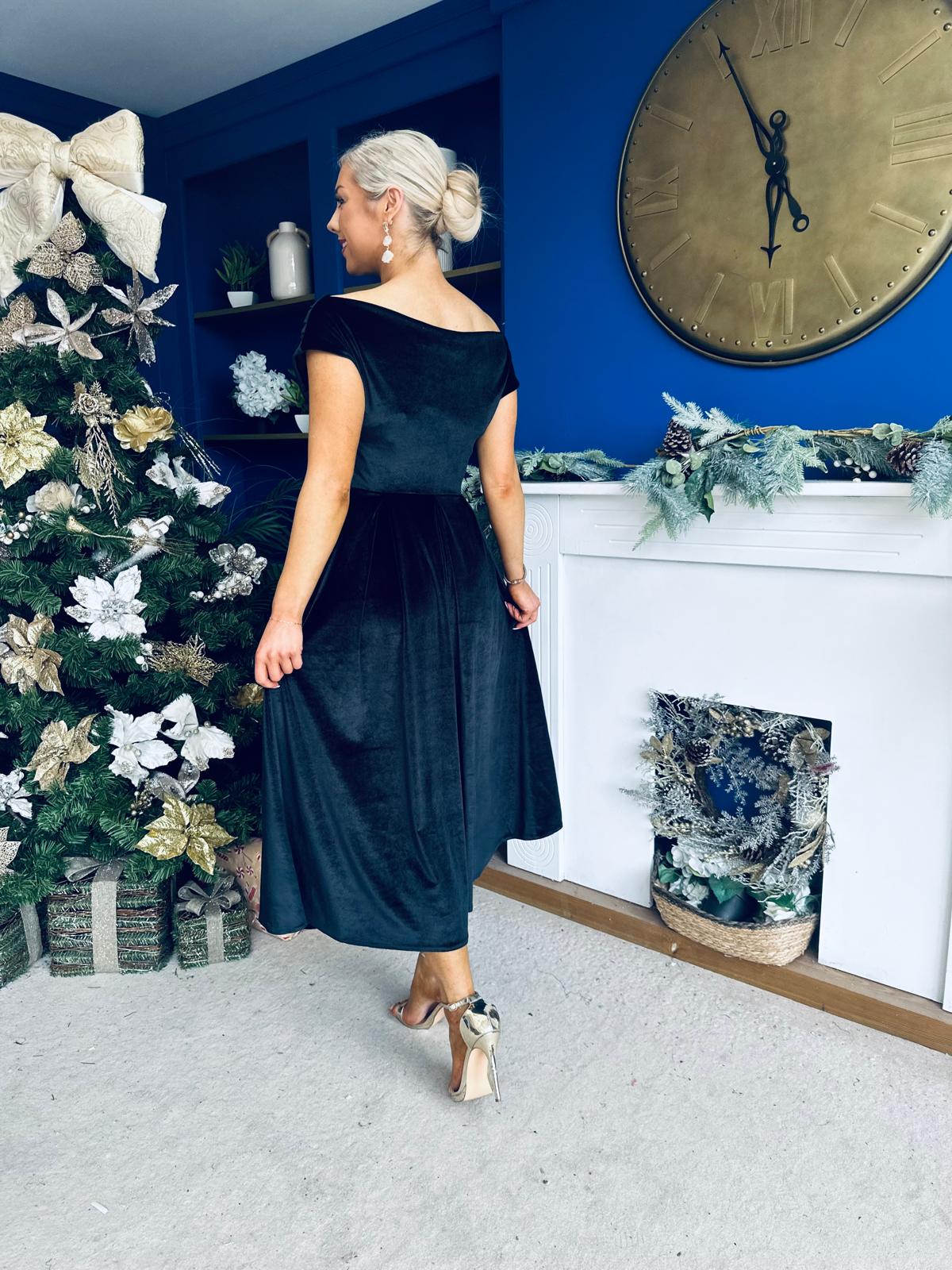 Breffy Asymmetric Neckline Skater Midi Black Velvet