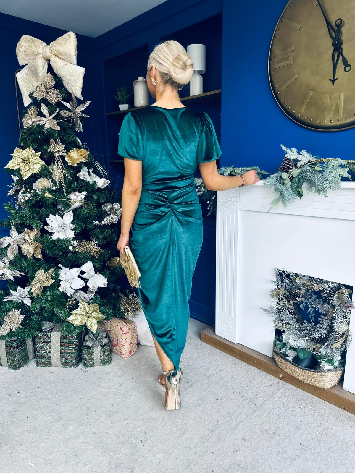 Saoirse Gathered Detail Velvet Occasion Dress Forest