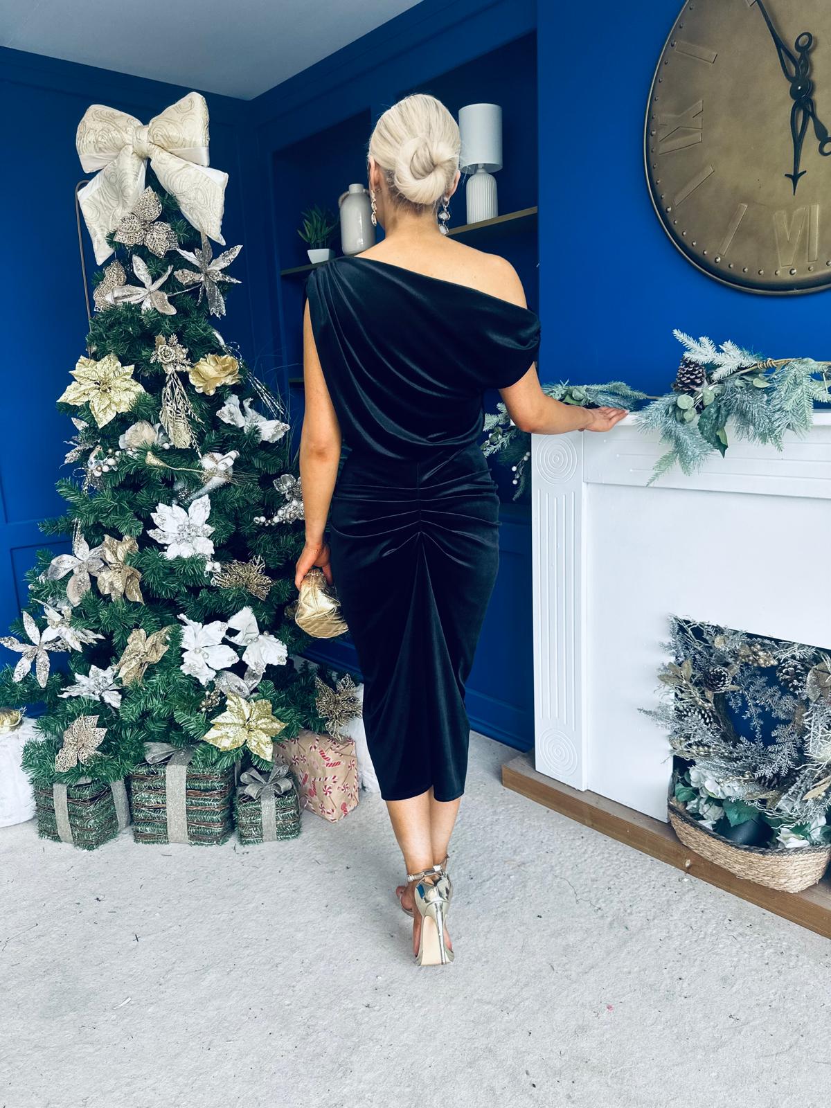 Isabelle Gathered Detail Velvet Occasion Dress Black