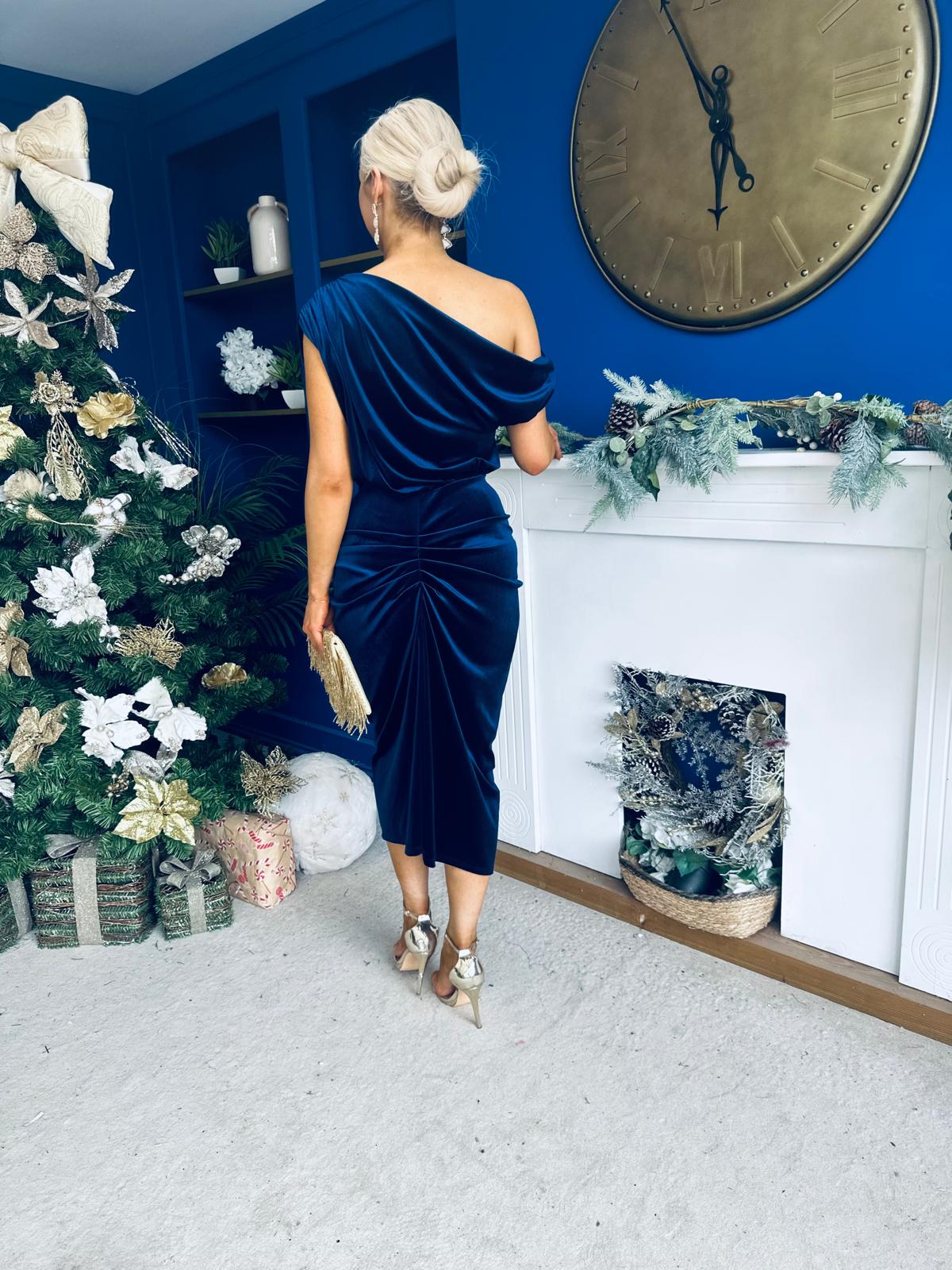 Isabelle Gathered Detail Velvet Occasion Dress Navy