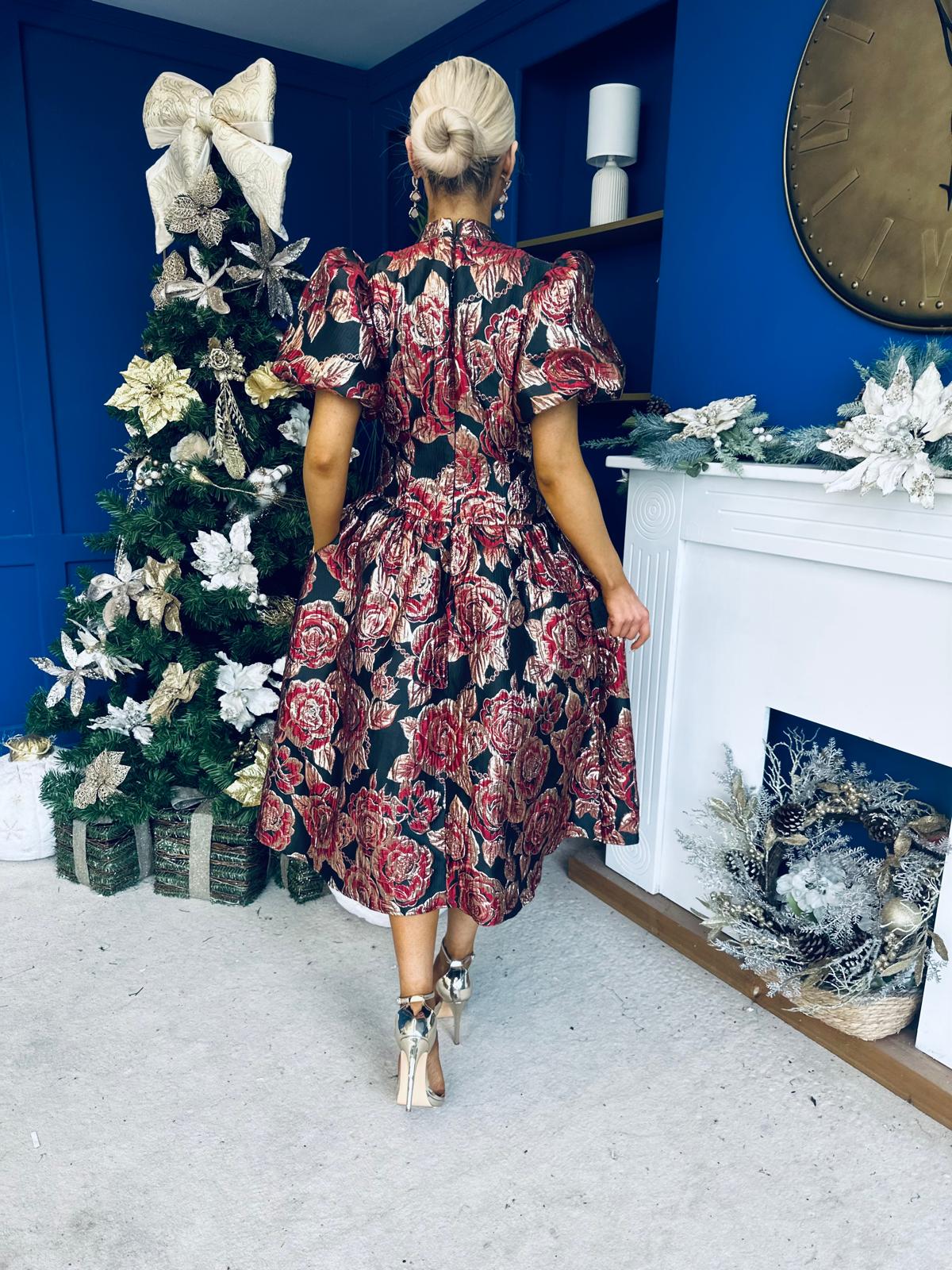 Sadhbh Puff Sleeve Jacquard Occasion Dress Rouge
