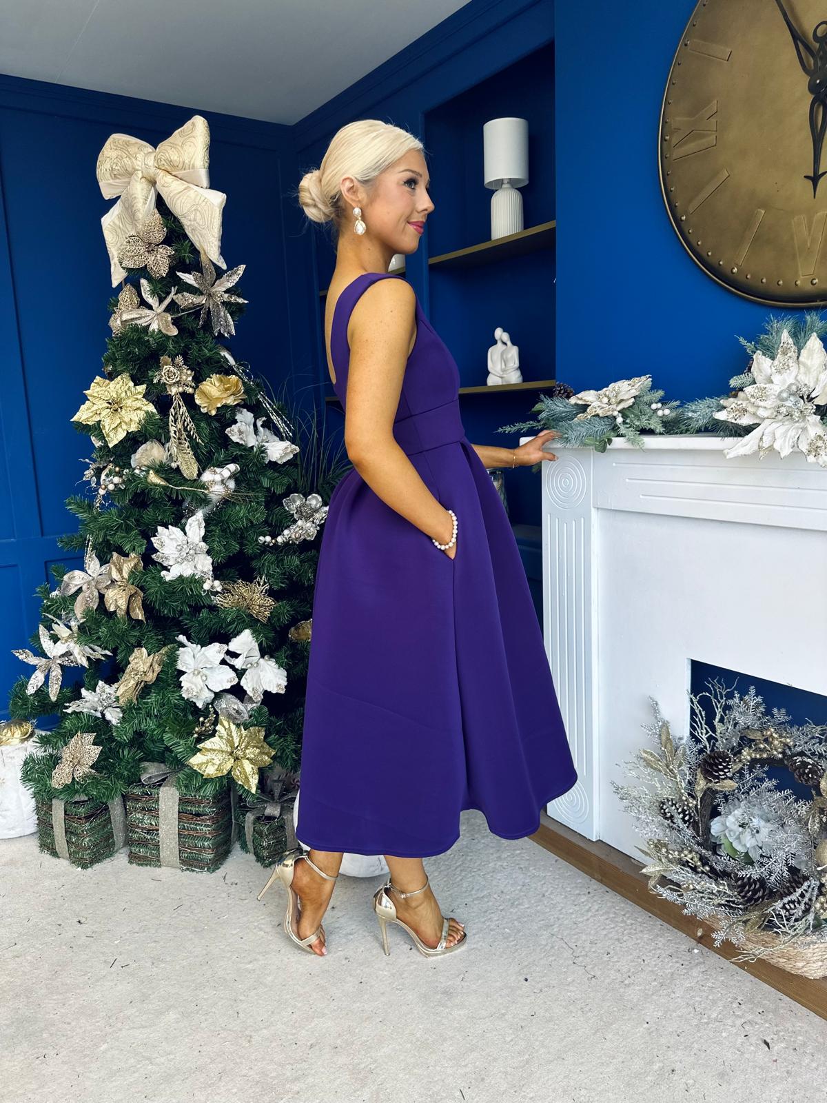 Bethany V Neck Skater Midi Dress Purple