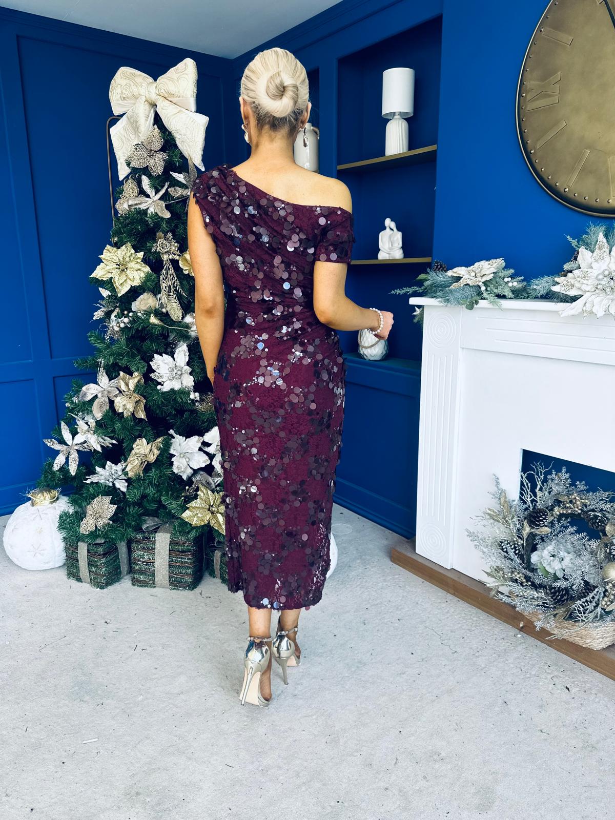 Elsie Off Shoulder Sequin Midi Dress Wine