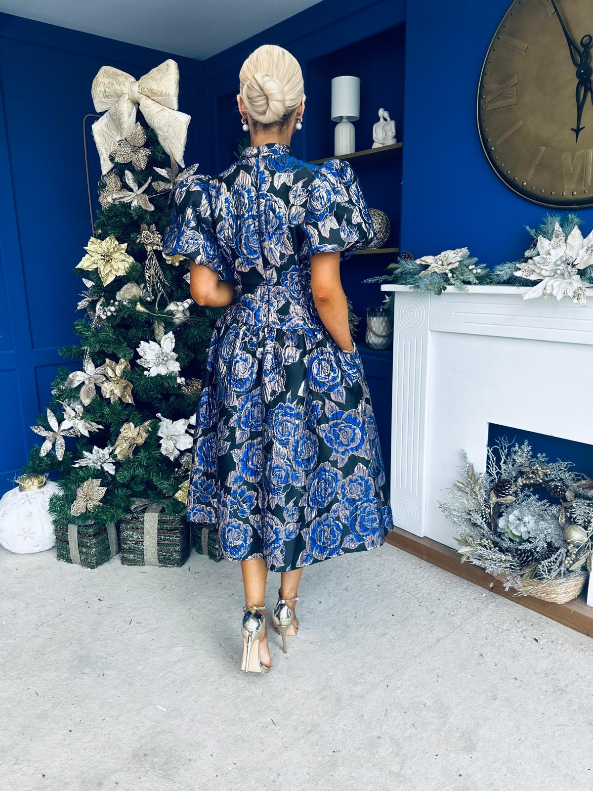 Sadhbh Puff Sleeve Jacquard Occasion Dress Cobalt