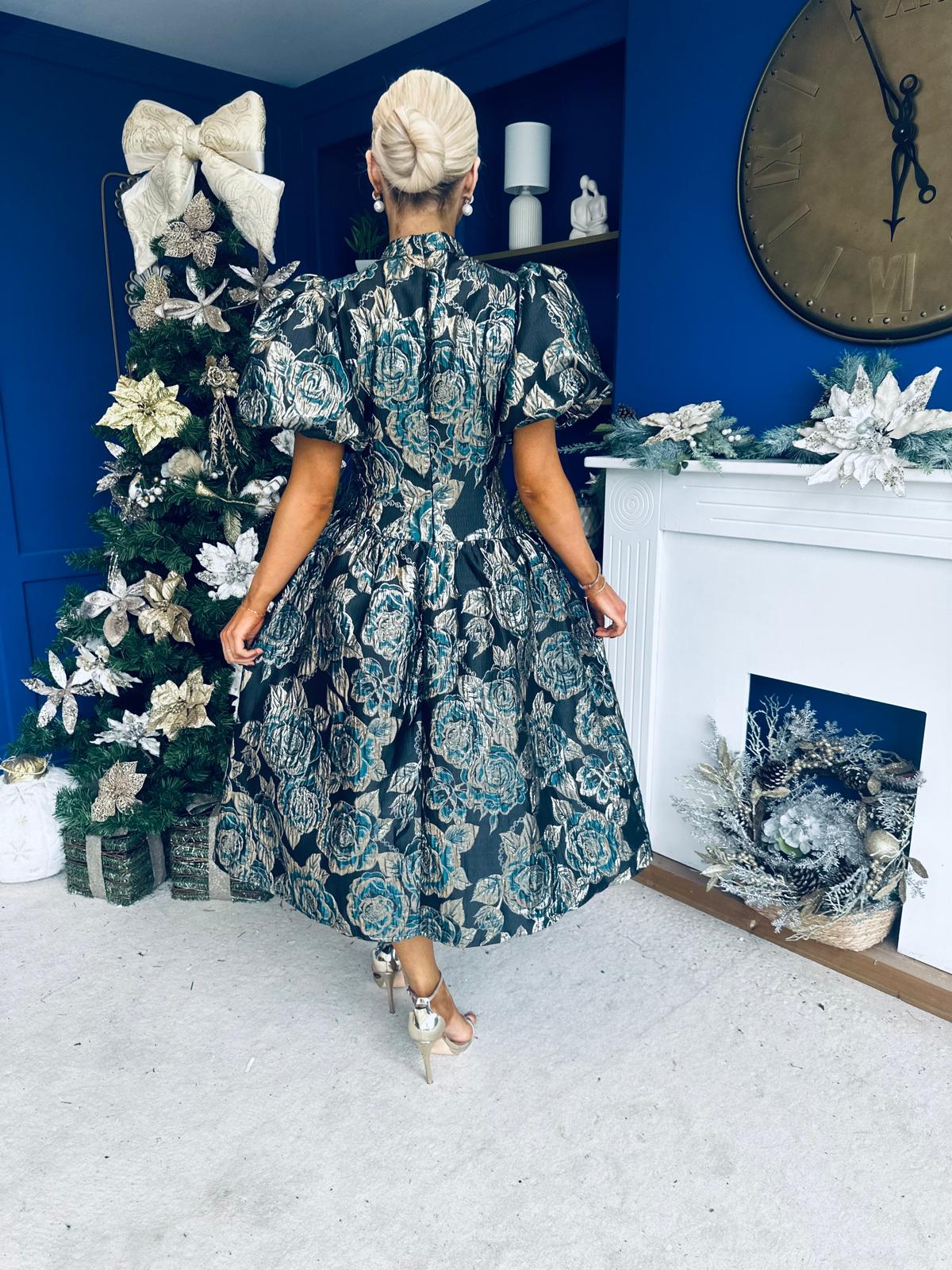 Sadhbh Puff Sleeve Jacquard Occasion Dress Green