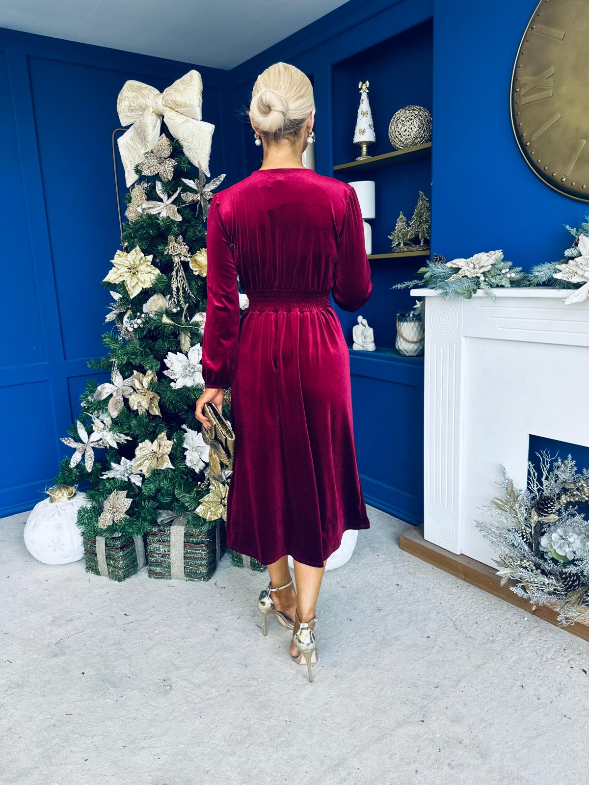 Blaithin Button Detail Detail Midi Dress Velvet Wine