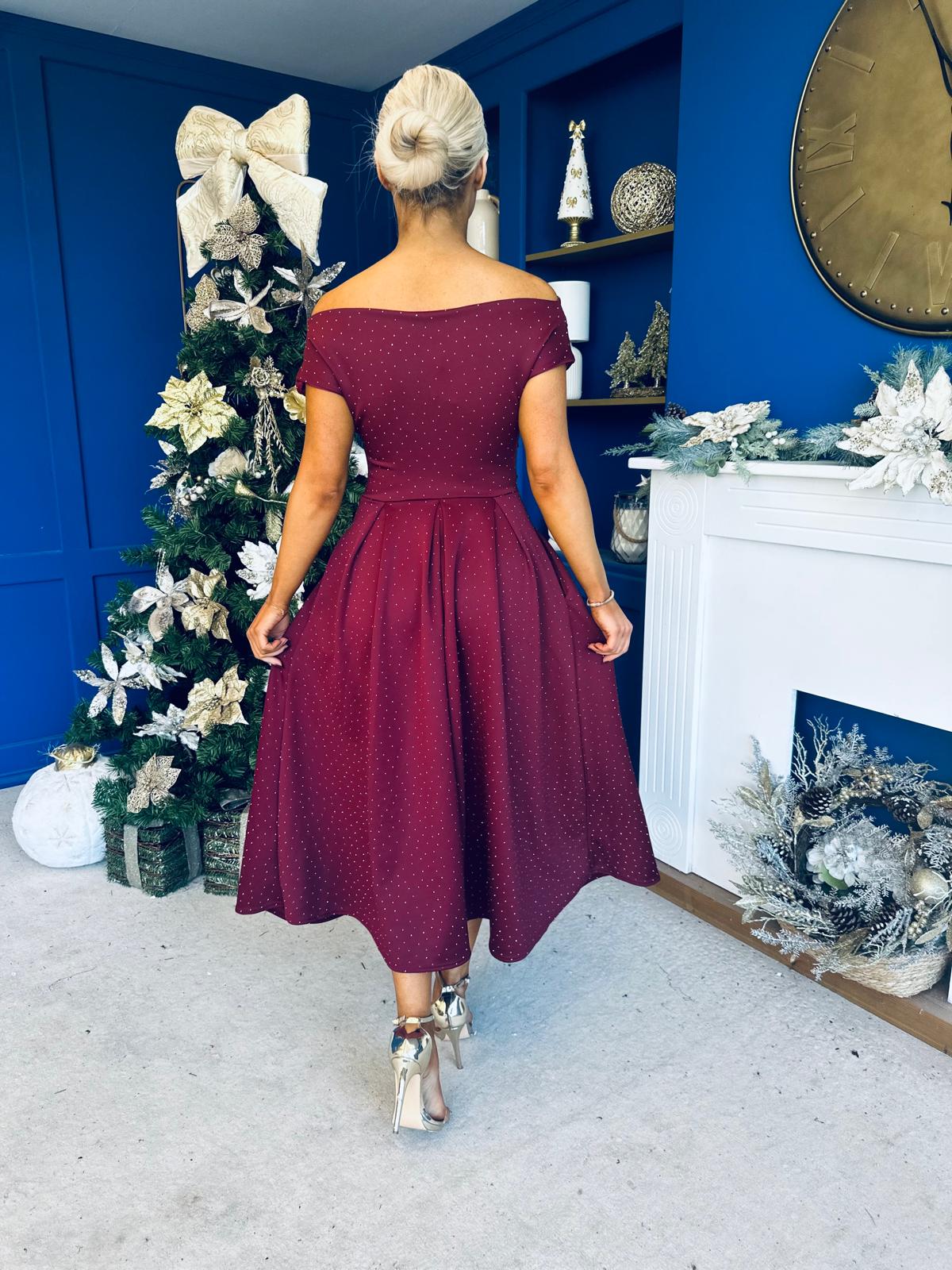 Breffy Asymmetric Neckline Studded Midi Wine
