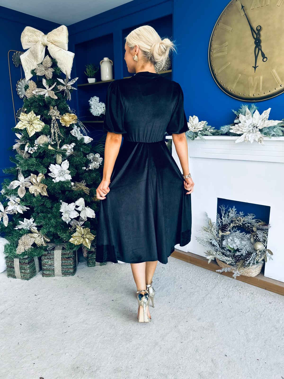 Colette Puff Sleeve Gold Detail Velvet Dress Black